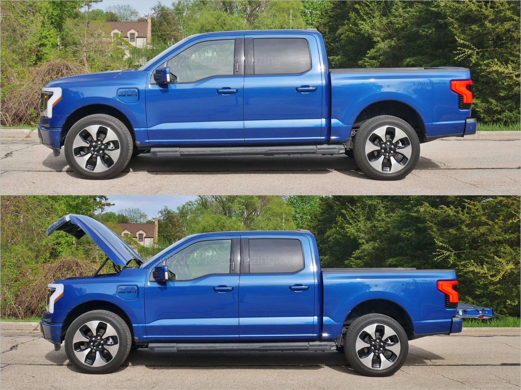 2022 Ford F-150 Lightning Platinum 4x4: only the front left fender power supply port door and what's not underhood are clues that this flareside supercrew cab F-Series runs on electrons.