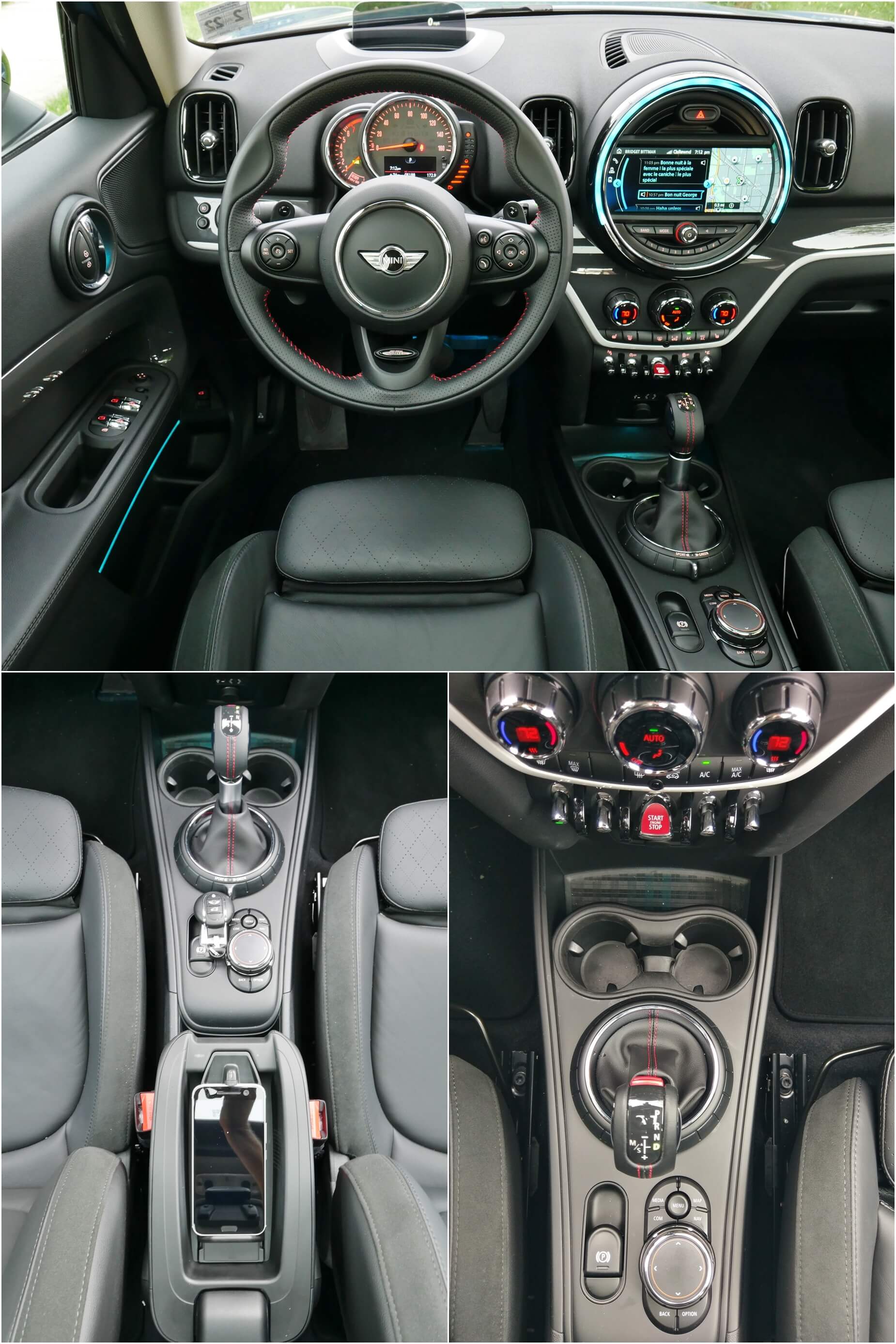 2017 MINI Cooper Countryman S All4: Cabin instruments, center console controls, including front center armrest integrated Qi wireless device inductive charger.