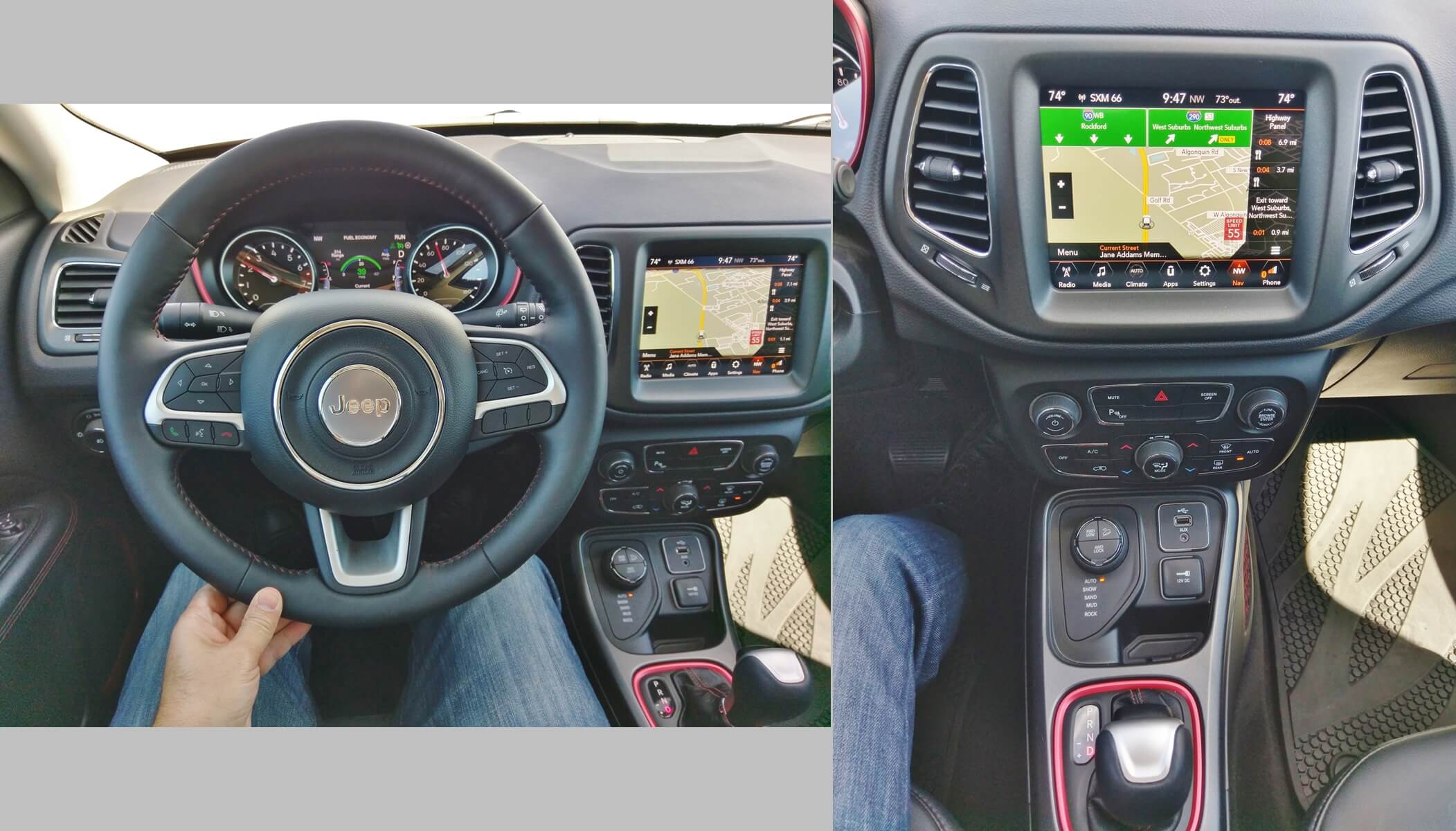 2017 Jeep Compass Trailhawk 4x4: Driver's view of instruments, including gauge cluster 7"-inch color TFT MFD and 8.4" UConnect LCD display w/ voice command, turn-by-turn Navigation