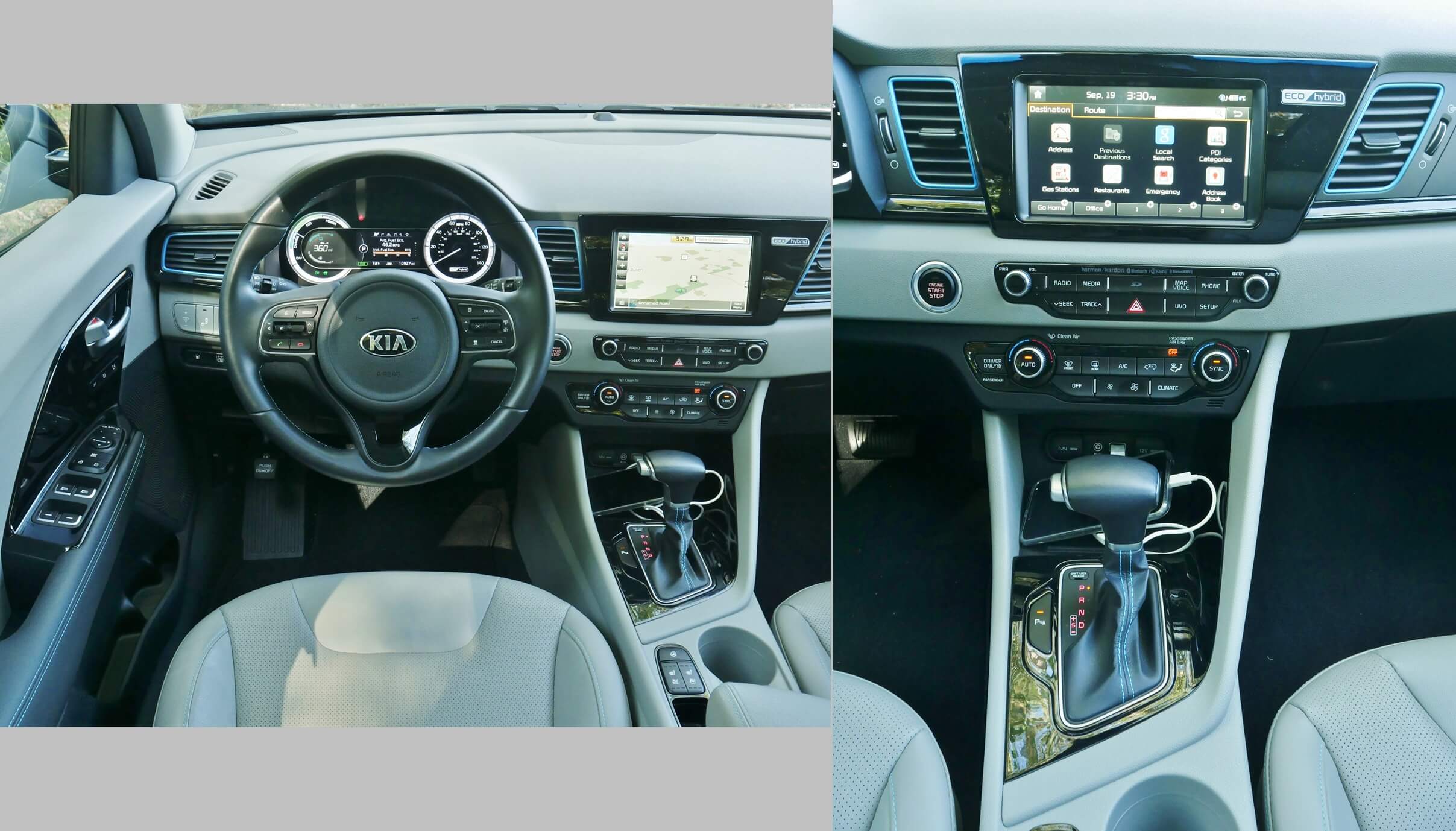 2017 Kia Niro Hybrid Touring: cockpit UVO-3 infotainment including apps, Android Auto, Apple Car Play