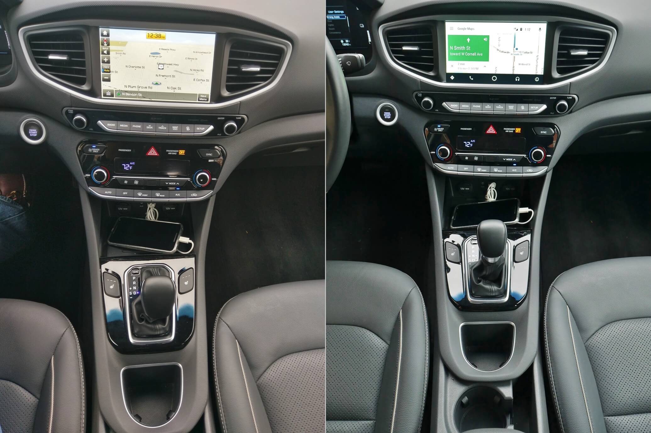 2017 Hyundai Ioniq Hybrid Limited: 8"-inch LCD display o GPS Navigation systems compared: (LEFT) Hyundai HDD native voice command/ directions; (RIGHT) Android Auto voice command/ directions