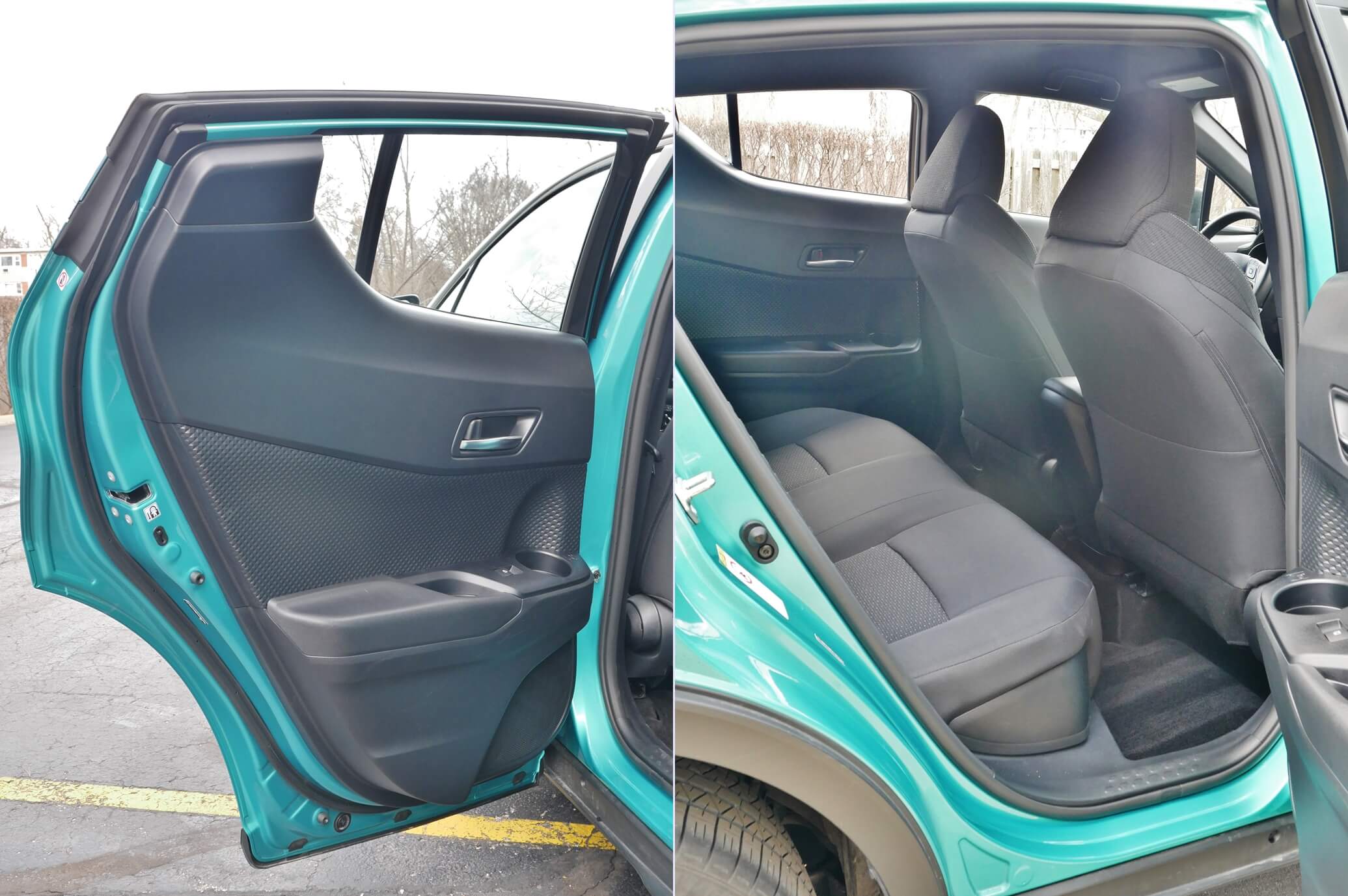 2018 Toyota C-HR XLE: Row 2 entry featuring high rising towards rear panel, but limited door pocket storage