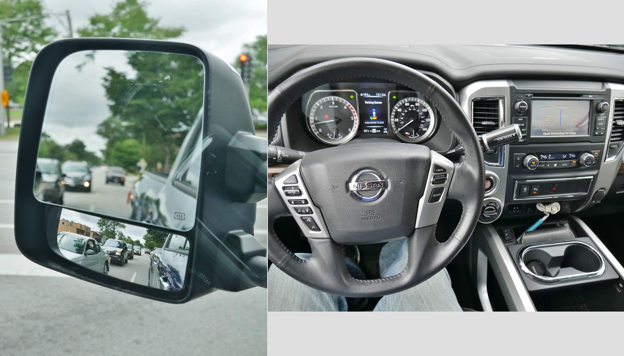 2017 Nissan Titan XD TD 4x4: Blind spots reduced by extending split wing mirror w/ lower convex frame & rear camera + sonar audible front & rear park assist