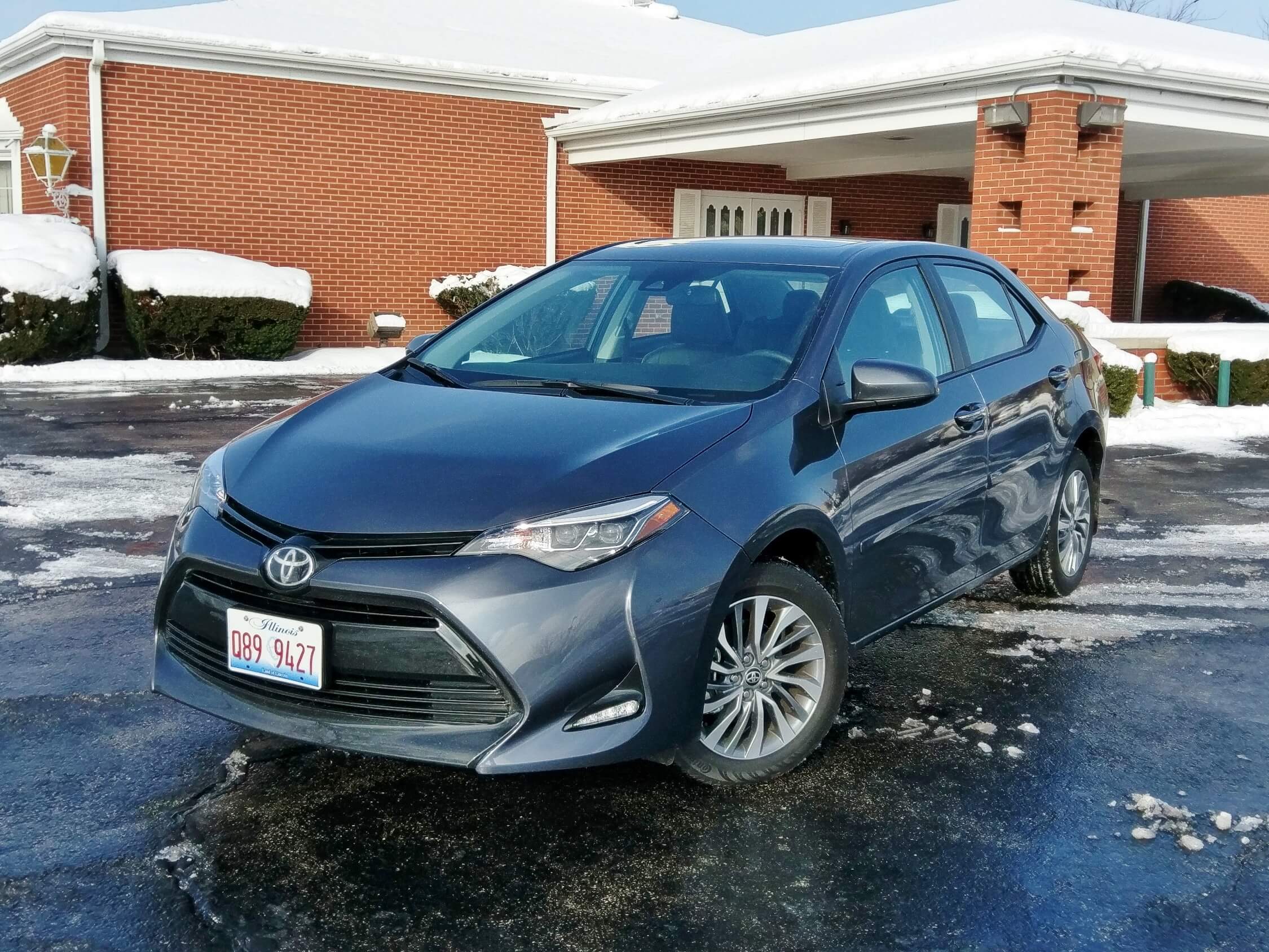 2018 Toyota Corolla XLE: The Maytag of compact family sedans adopts a softer, curving front fascia and deeper airdam. Starting MSRP = $19k.