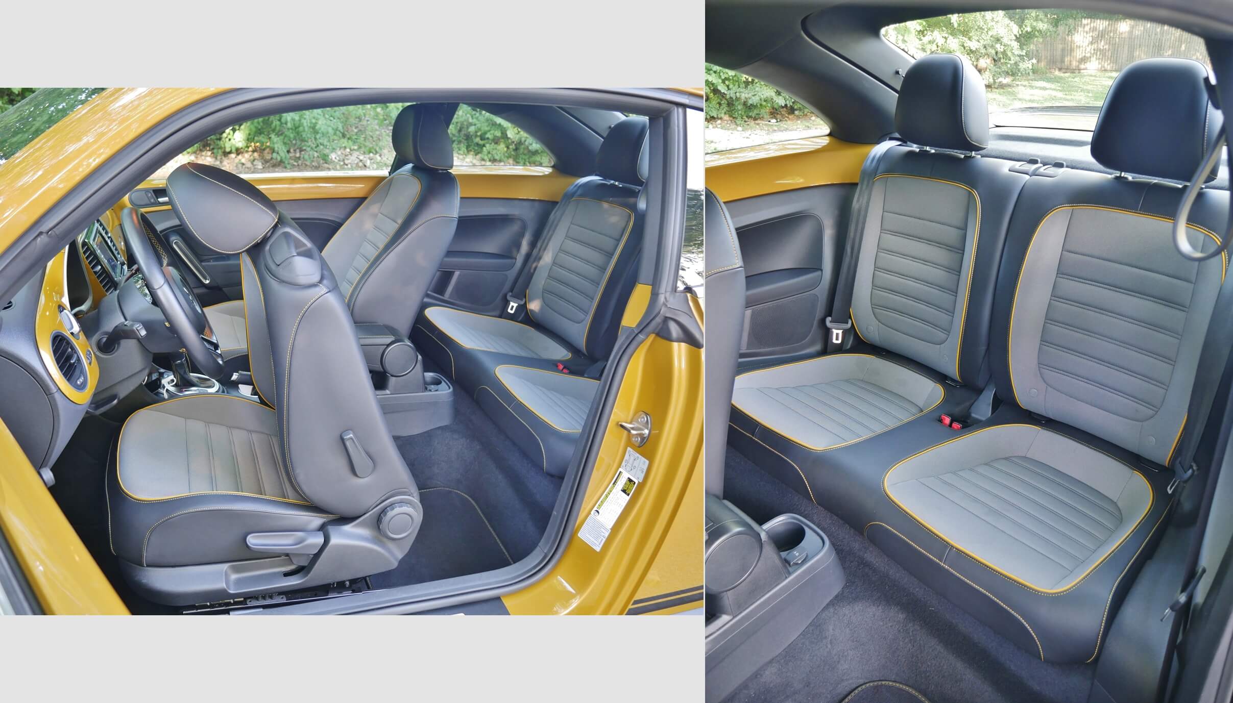 2017 Volkswagen Beetle Dune: Front fold & slide for rear seat access. Note the hanging B-pillar grab straps.