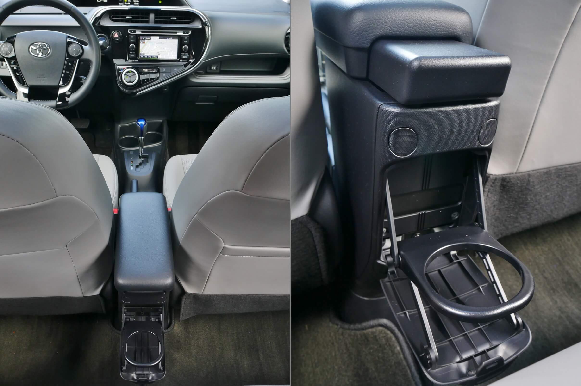 2018 Toyota Prius C Four: Rear seat forward view w/ single rear bottle holder, sliding front center armest