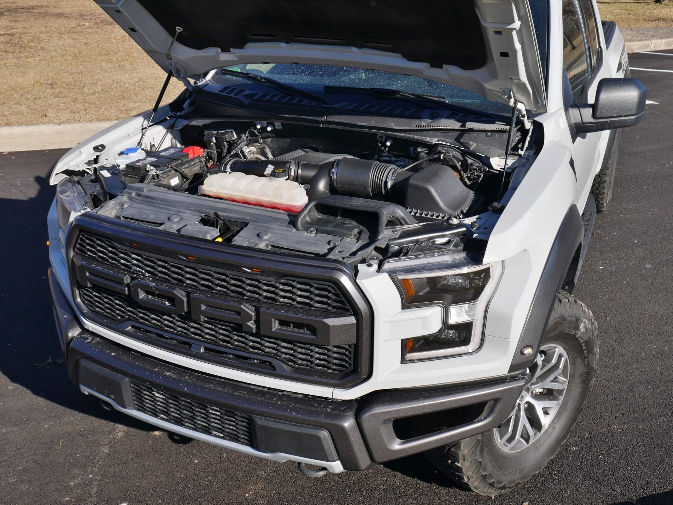 2018 Ford F-150 Raptor SuperCab: 18 psi boost intercooled twin turbocharged DI 3.5L DOHC V-6 Ecoboost = 450 hp, 510 lb-ft mated to latest 10 speed automatic transmission.