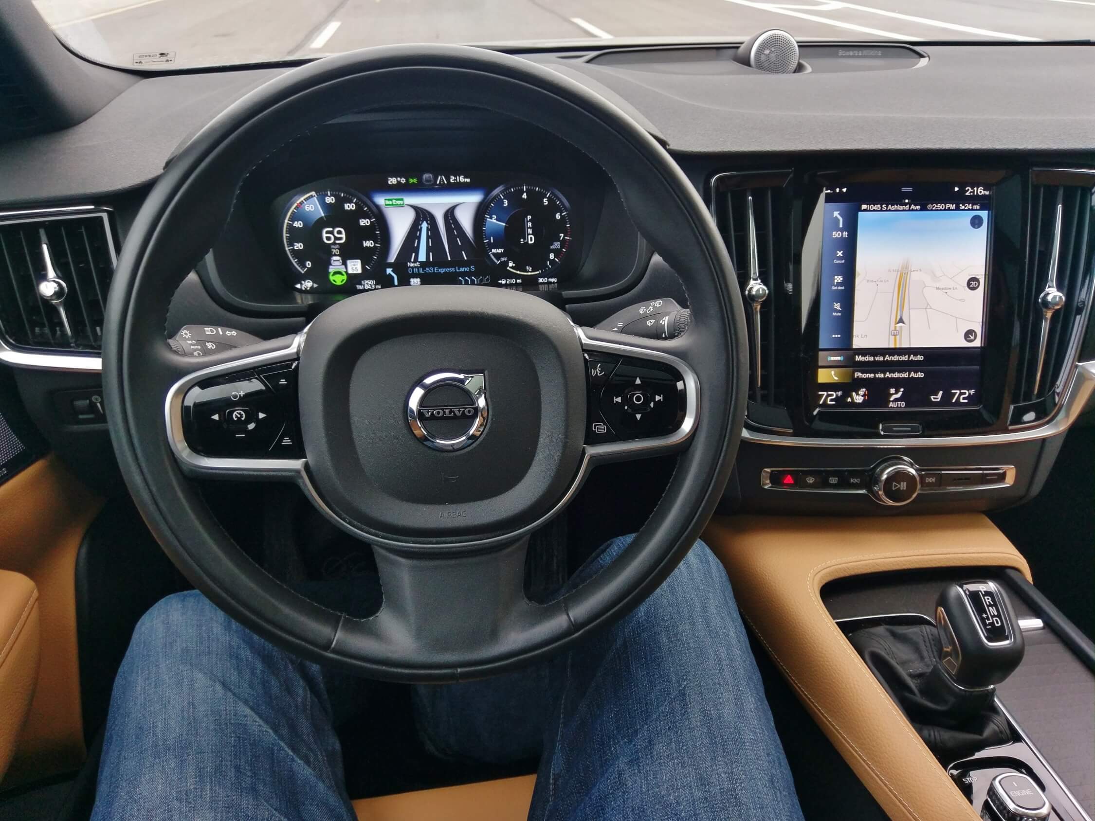 2018 Volvo V90 Cross Country T6: navigating highways w/ vivid 11.2" LCD virtual gauge cluster & vertical tablet 9.0" Sensus 4-pane LCD infotainment touch screen