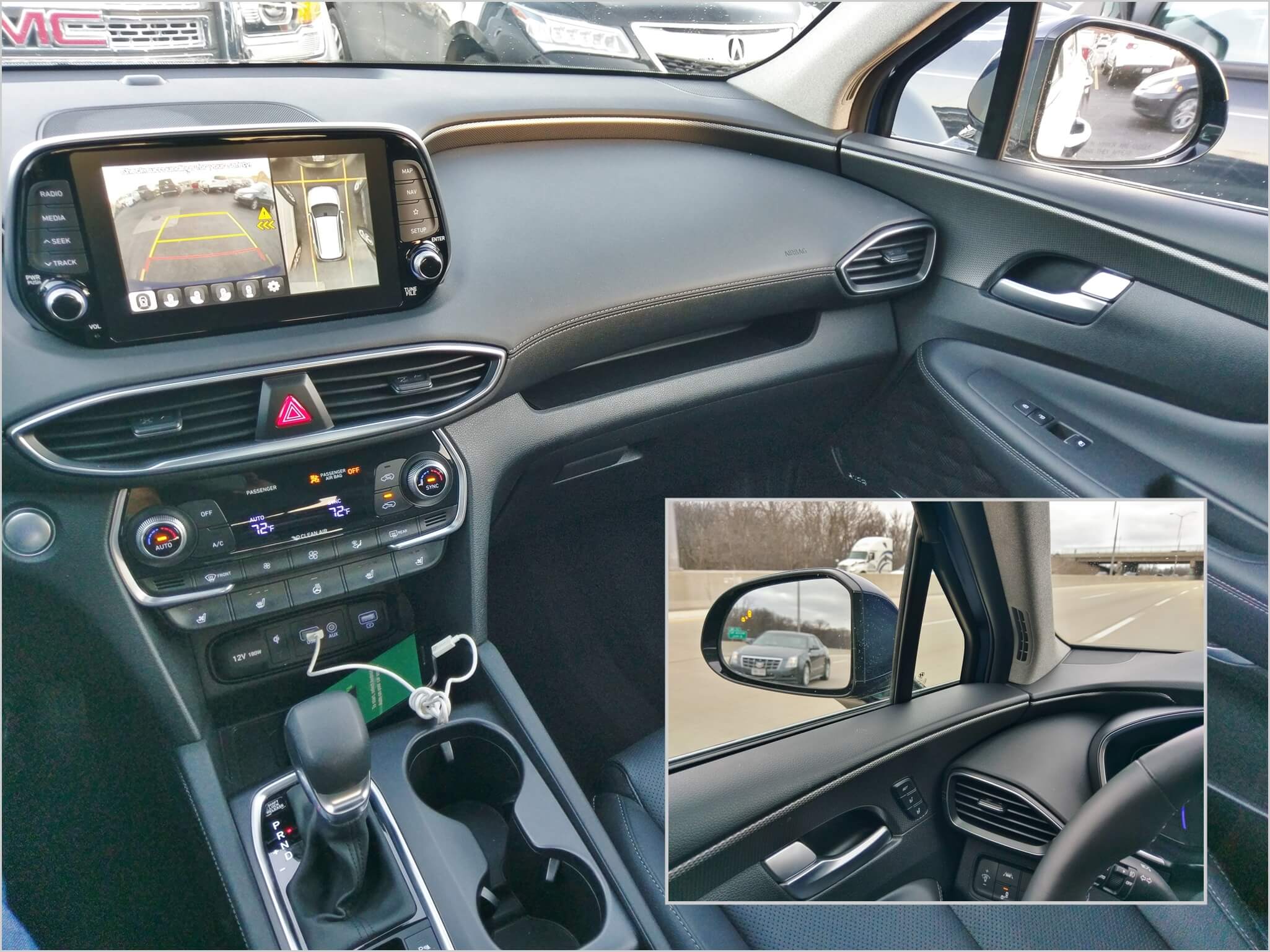 2019 Hyundai Santa Fe 2.0T Ultimate AWD: Surround camera view, Park Distance warning, Rear cross traffic, & Blind spot warning (inset)