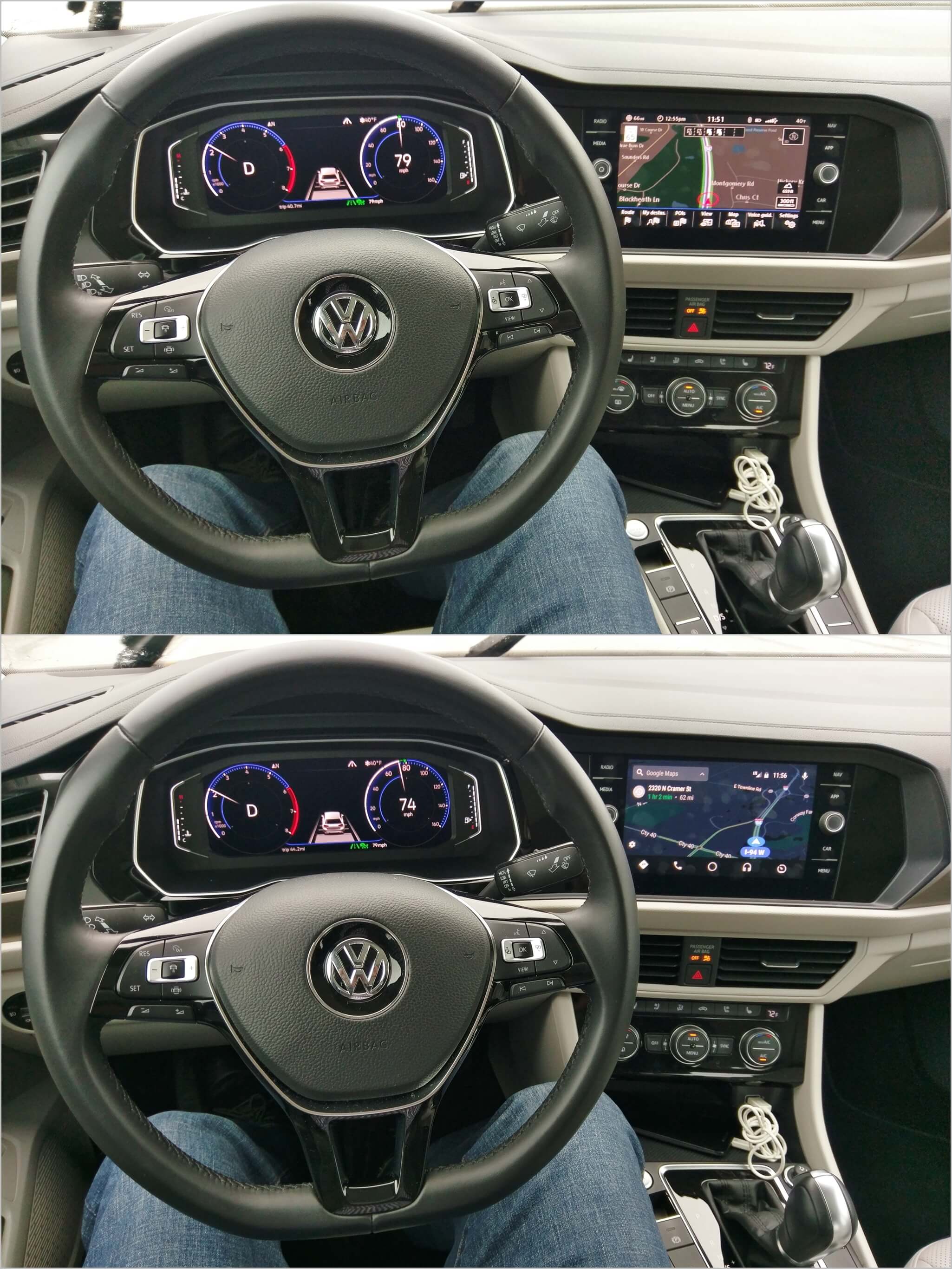2019 Volkswagen Jetta SEL Premium: native GPS HDD navigation vs. Android Auto, each with voice guidance, the latter with more versatile voice commands