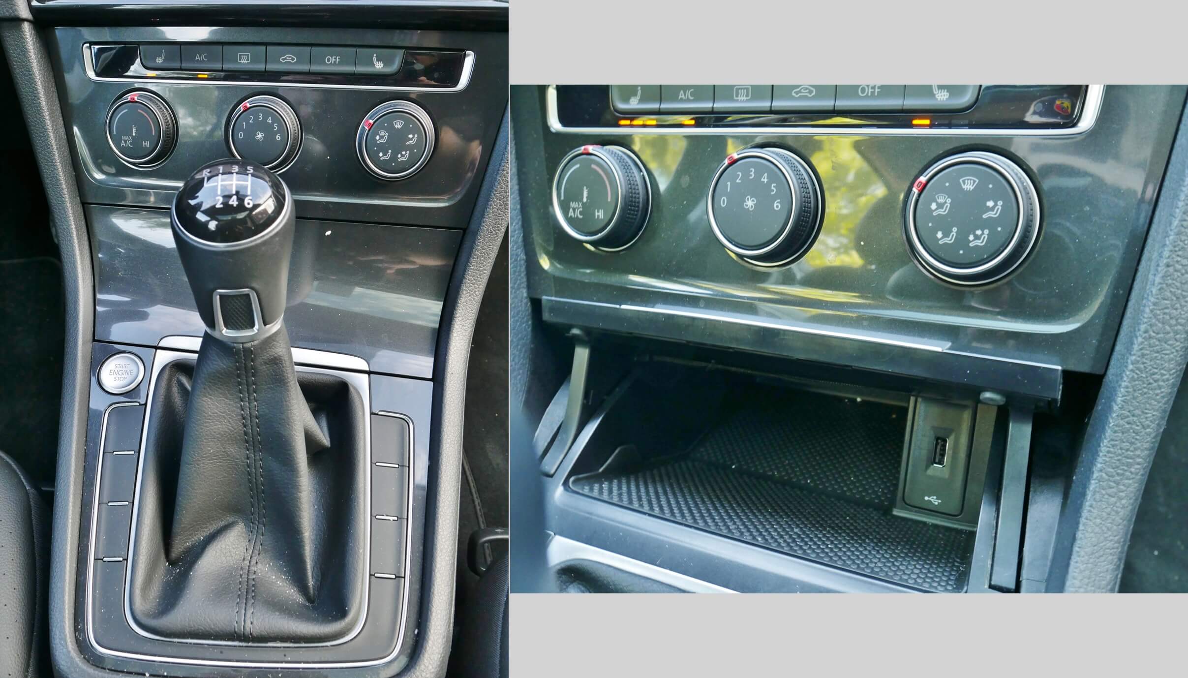 2019 Volkswagen Golf SE: Lower center stack manual transmission shifter, surround bezel blanks, retracting cover deep wireless media storage