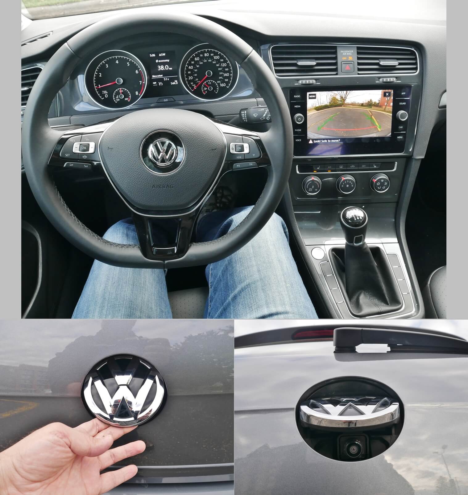 2019 Volkswagen Golf SE: liftgate VW emblem serves dual function as liftgate release and retracting shielded rear camera for park guidance display