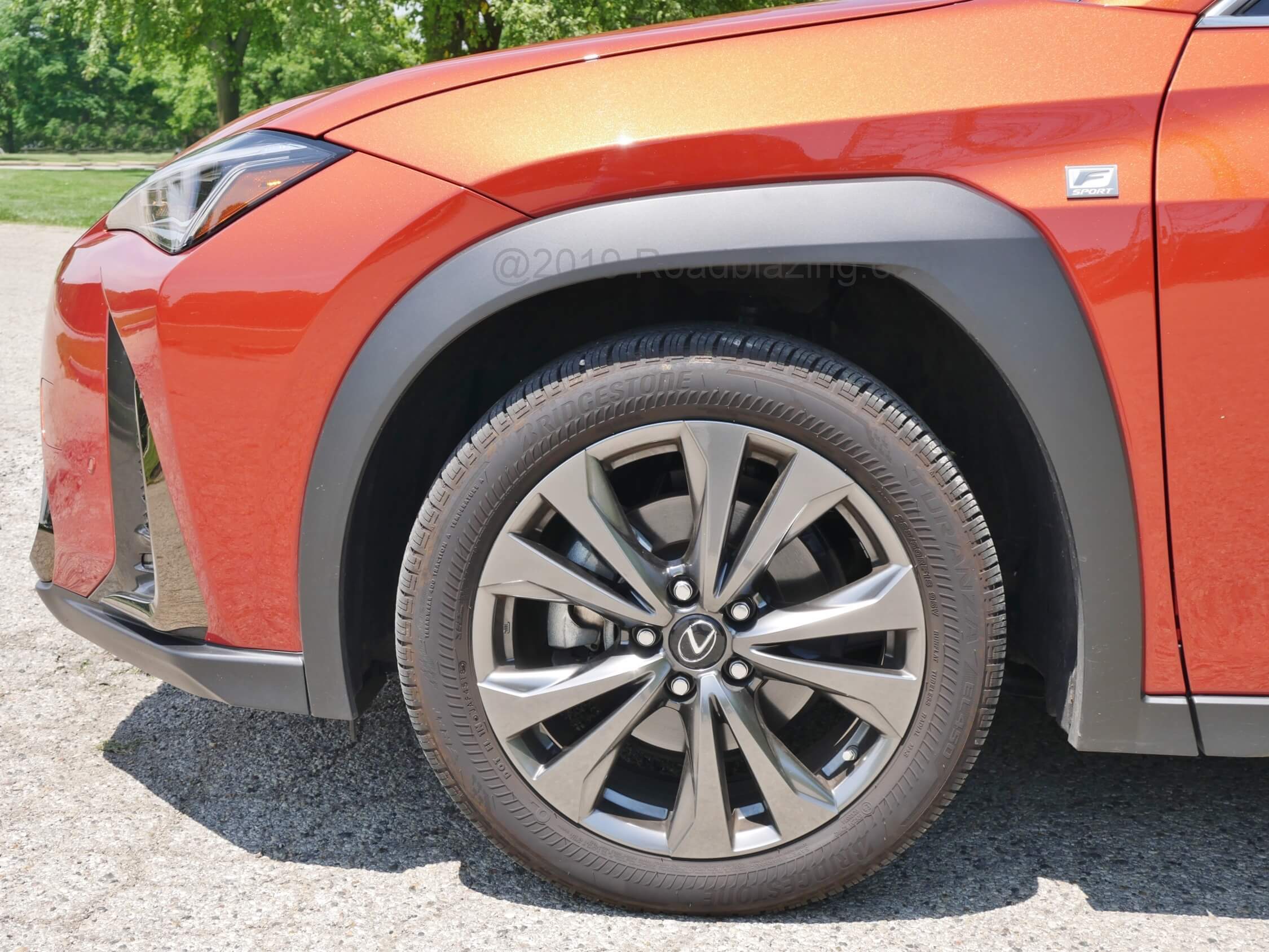 2019 Lexus UX 200 F-Sport: Front strut suspension joins rear multi-link damped for a forgiving ride and hushed aural experience on the 18" runflat all-season tires.