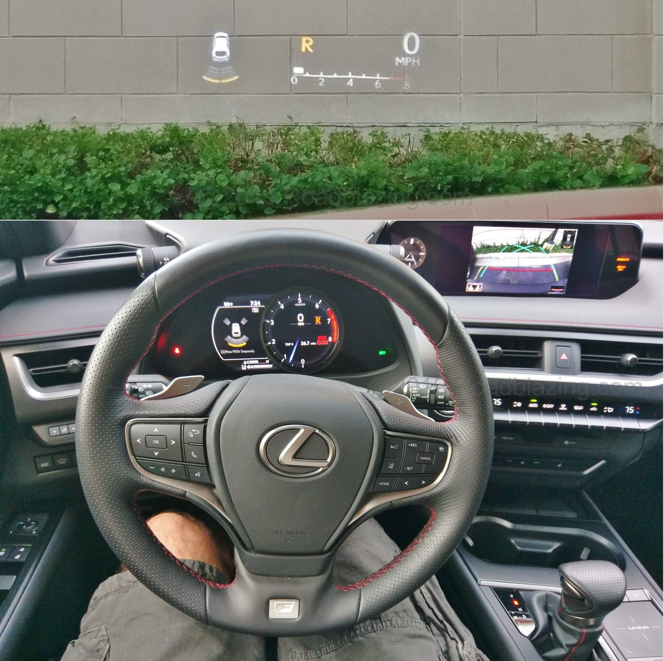 2019 Lexus UX 200 F-Sport: sonar visual and audible park proximity assist displays in HUD and 8.0" gauge cluster; Rear camera includes path grid