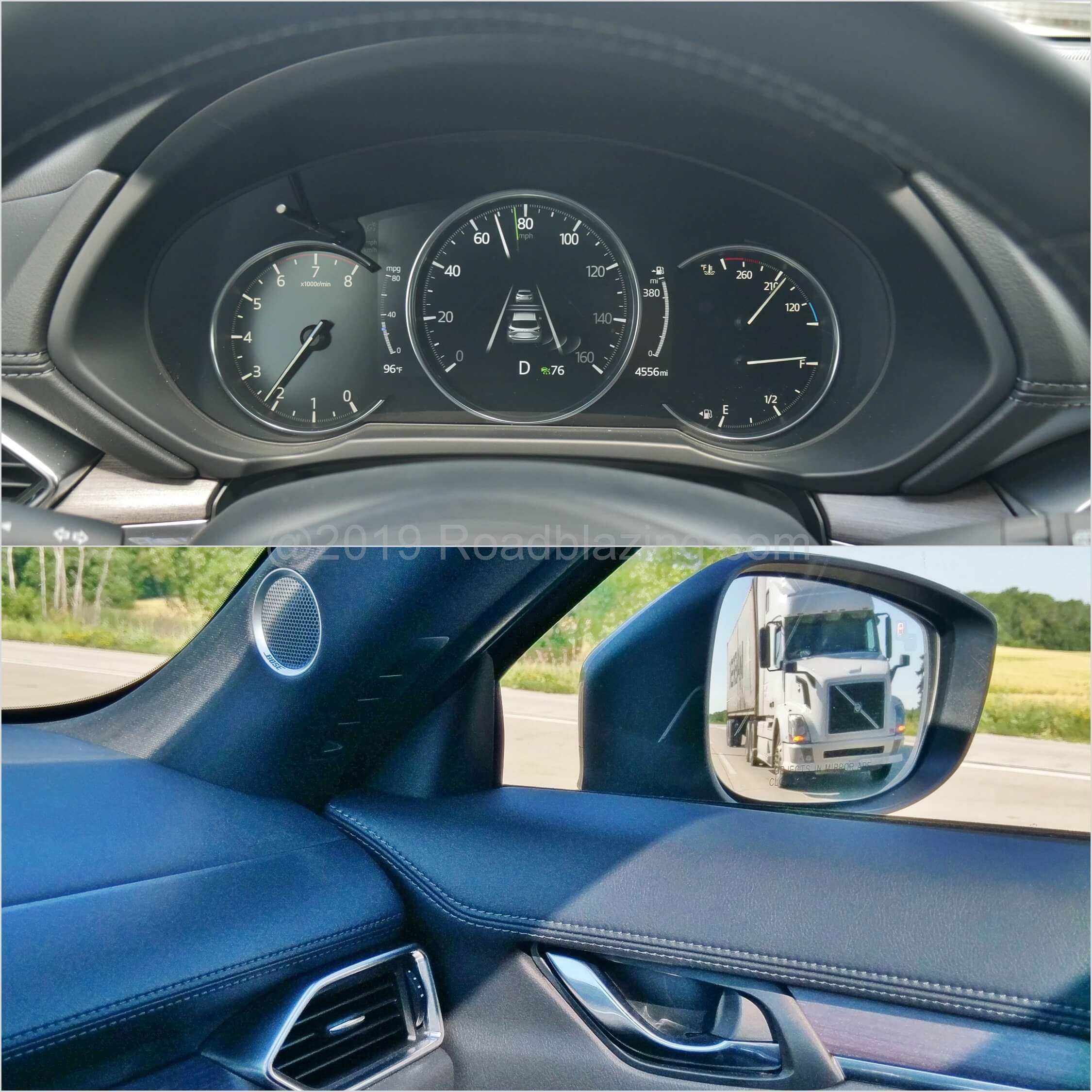 2019 Mazda CX-5 Signature AWD: standard i-Activesense blind spot warning simultaneously displays in TFT virtual gauge cluster and wing mirrors.