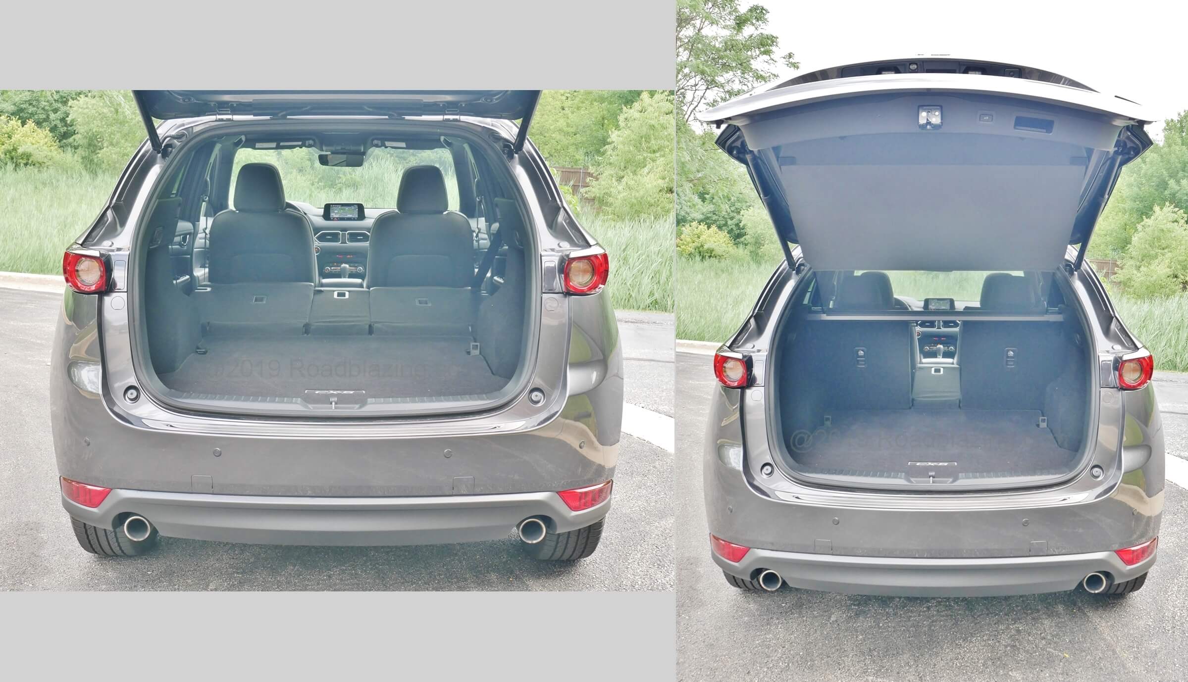 2019 Mazda CX-5 Signature AWD: Versatile and accommodating cargo bay featuring unique liftgate attaching retracting mesh privacy tonneau cover.