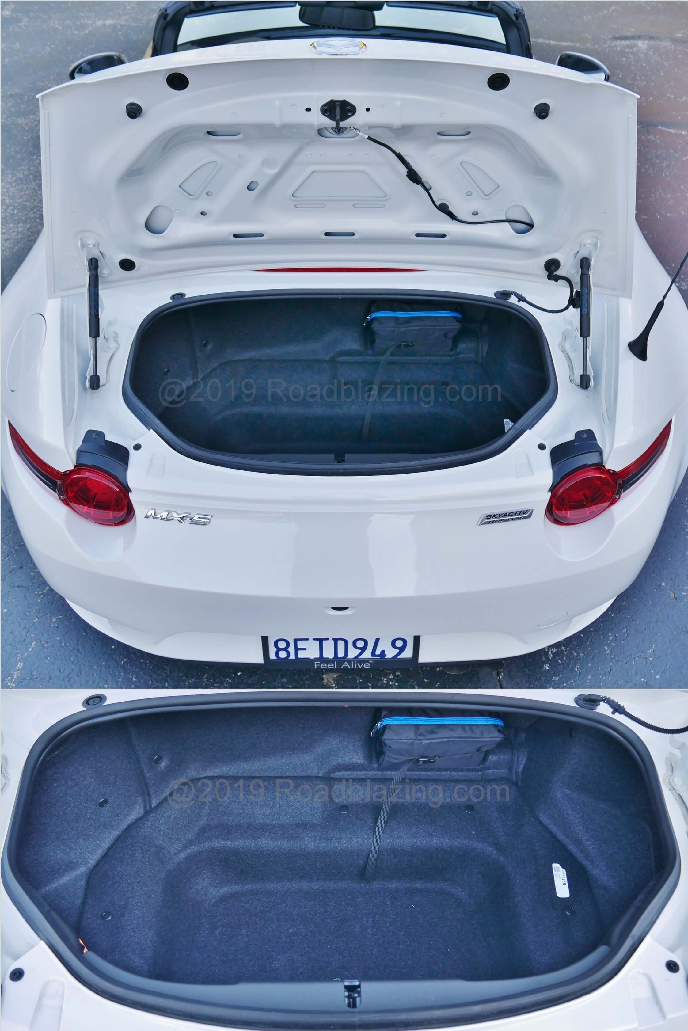 2019 Mazda MX-5 Grand Touring: Trunk cargo space is sparser than in previous NC generation. Think one 22" roll-aboard carry-on and [MAYBE] 2 personal bags.