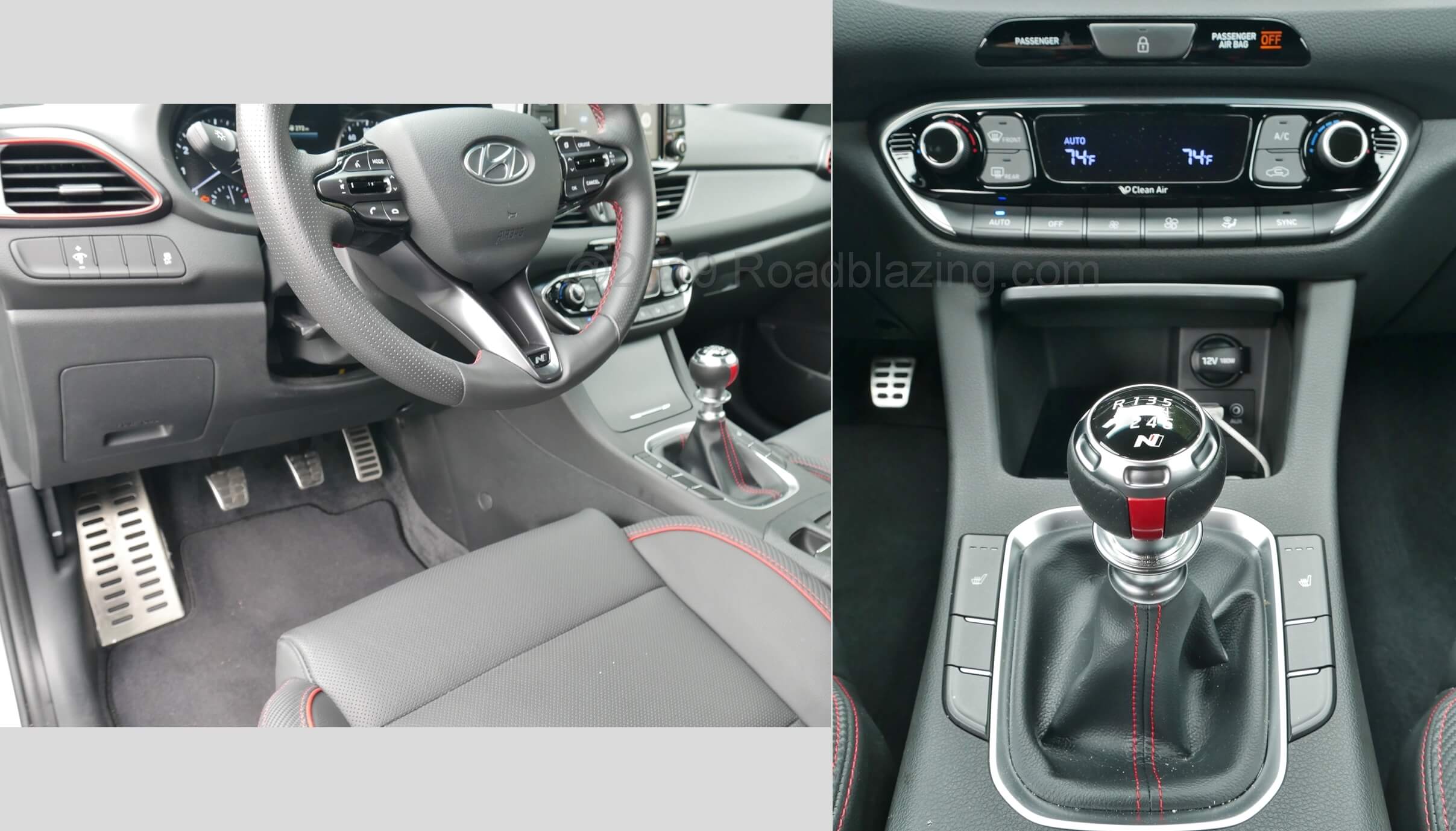 2019 Hyundai Elantra GT N-Line: N-Line cabin treatments include unique heated, leather wrapped tilt, telescoping steering wheel and red striped shifter head, all with red contrast stitching