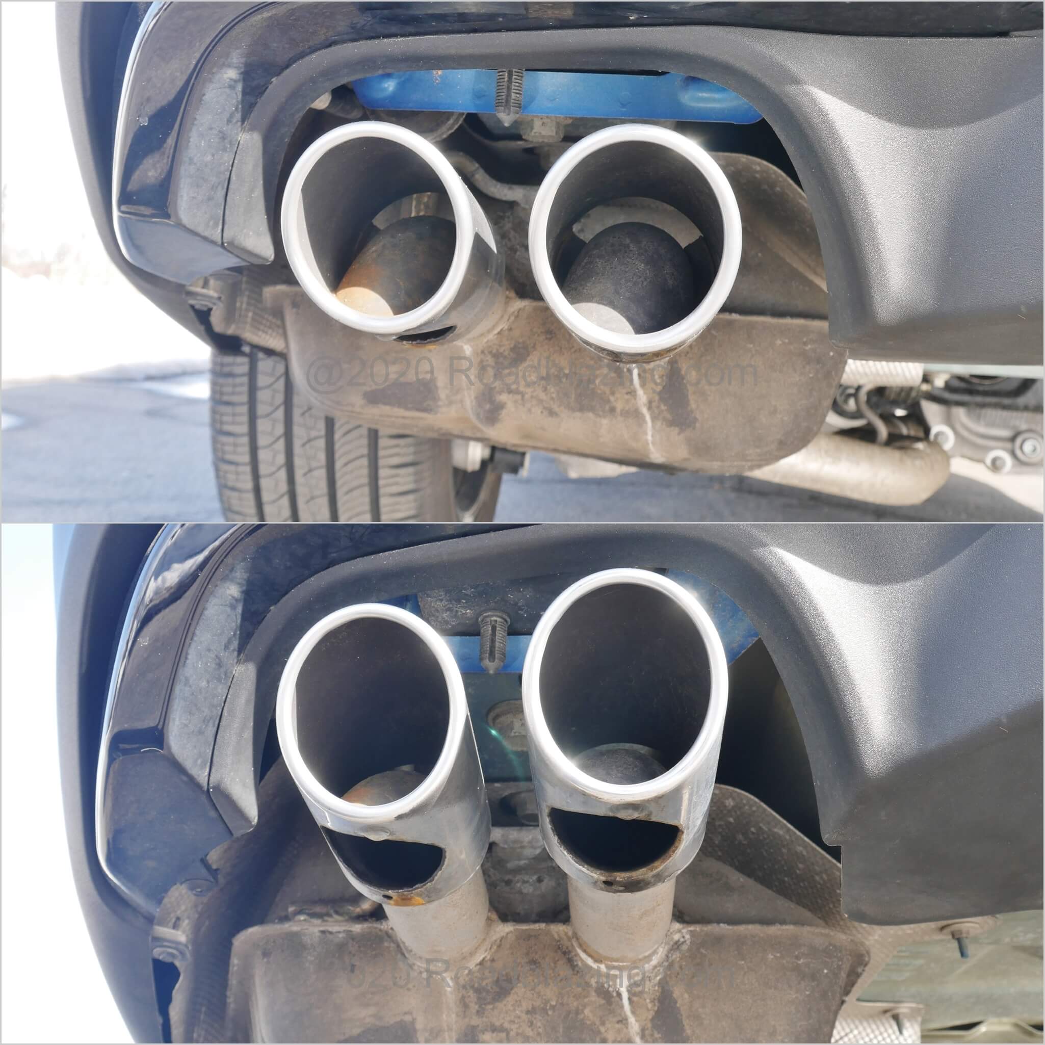 2020 Ford Explorer ST: Dual cat back exhaust turns down at the tail-pipes to keep the round chrome tips clean.