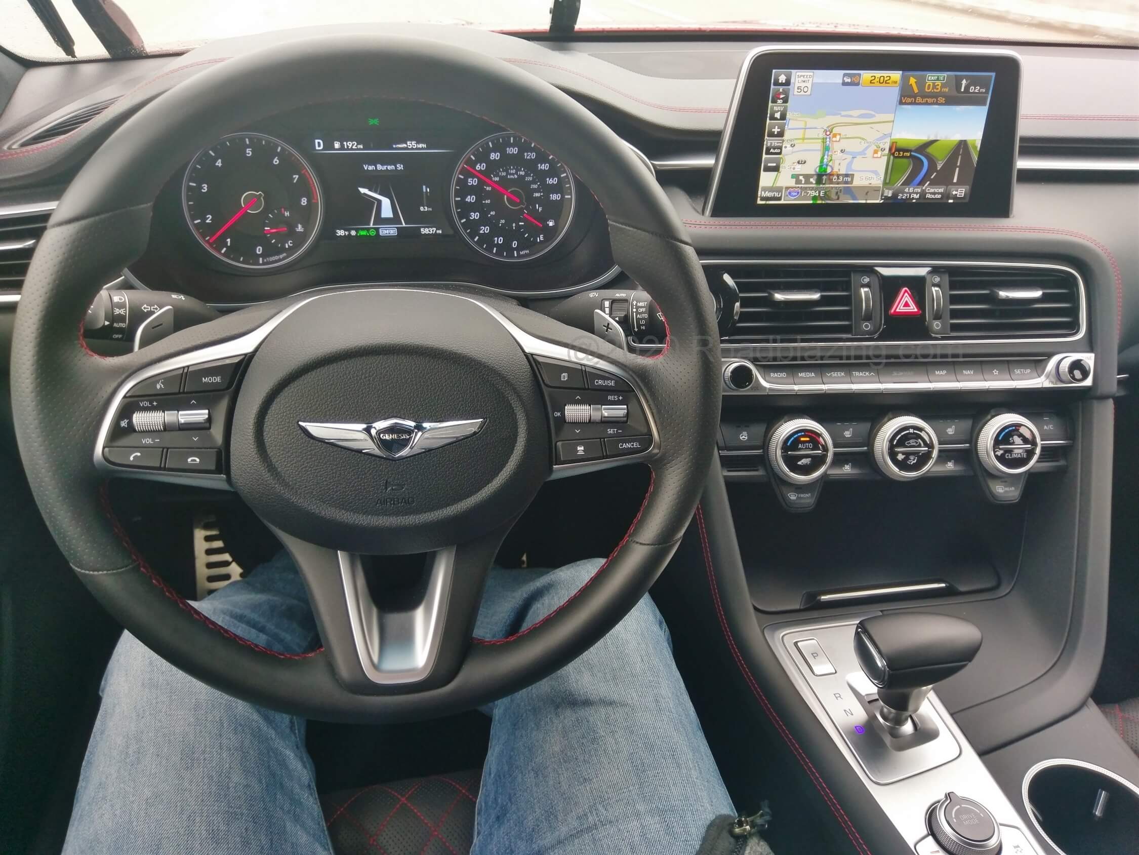 2020 Genesis G70 AWD 3.3T Sport: navigation 8" inch media display split map w/ exits supplemented by gauge cluster turn by turn directions