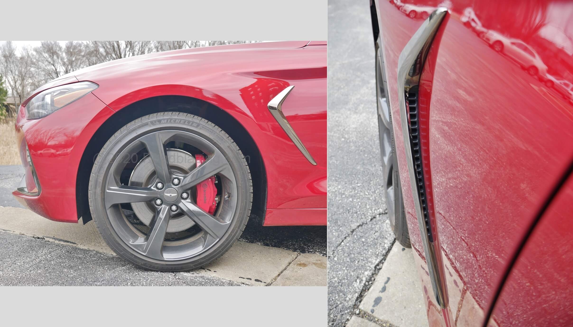 2020 Genesis G70 AWD 3.3T Sport: Big wheels, low profile Michelin tires, Brembo big brake kit, front strut suspension, boomerang fender port