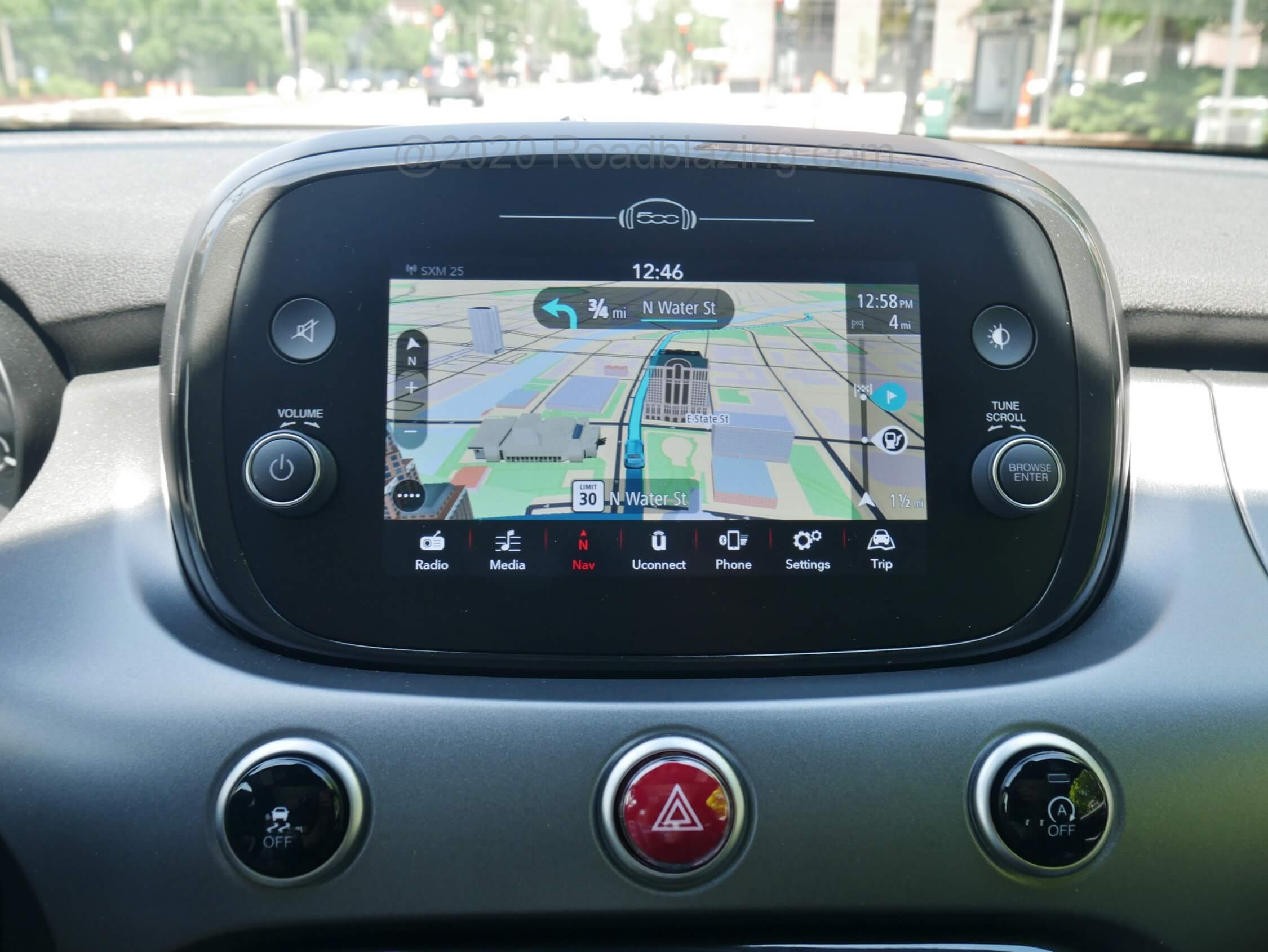2020 FIAT 500X Sport AWD: 3-D map detail in the available Tom Tom GPS HDD voice command navigation displayed on 7.0" UConnect 4.0 LCD media screen