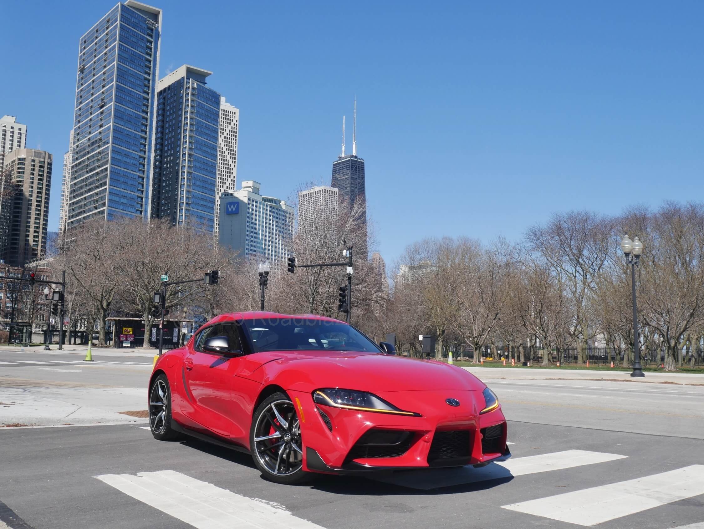 2020 Toyota Supra GR 3.0T Premium: visiting Chicago's Streeterville skyline with John Hancock hi-rise in background during COVID-19 home sheltering