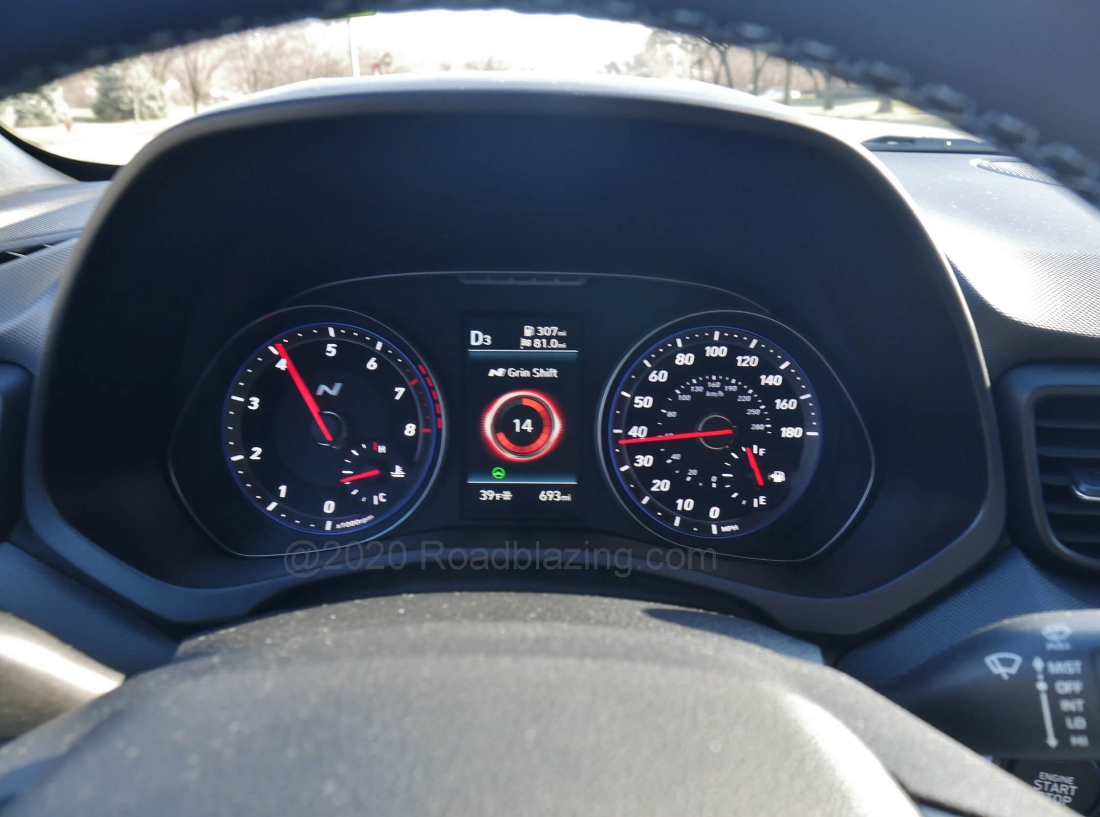 2021 Hyundai Veloster N DCT: turbo overboost Grin Shift mode displays in a traditional dual analog gauge array MFD
