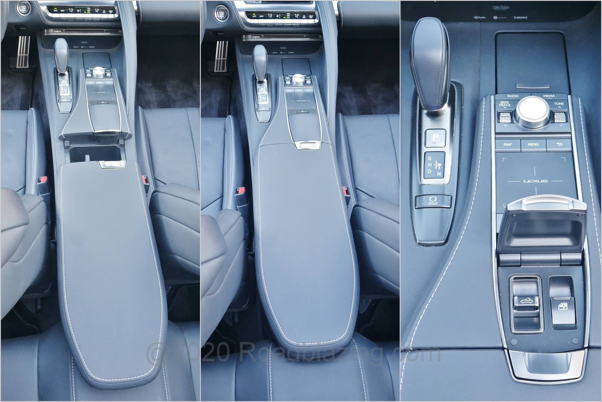 2021 Lexus LC 500 Convertible: slide & tilt center bin armrest cover; Fighter jet style flip cover for power roof toggle switches