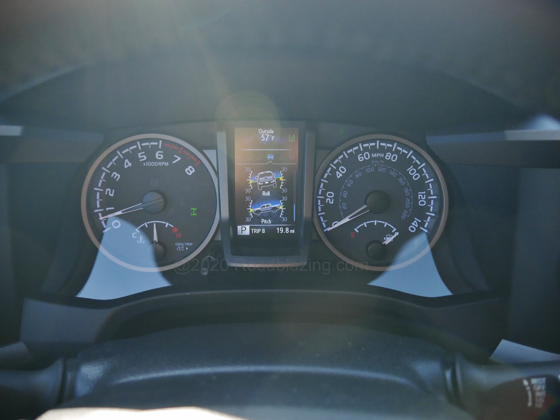 2021 Toyota Tacoma TRD Off Road: side to side pitch and surface angle appear in the color gauge cluster MFD