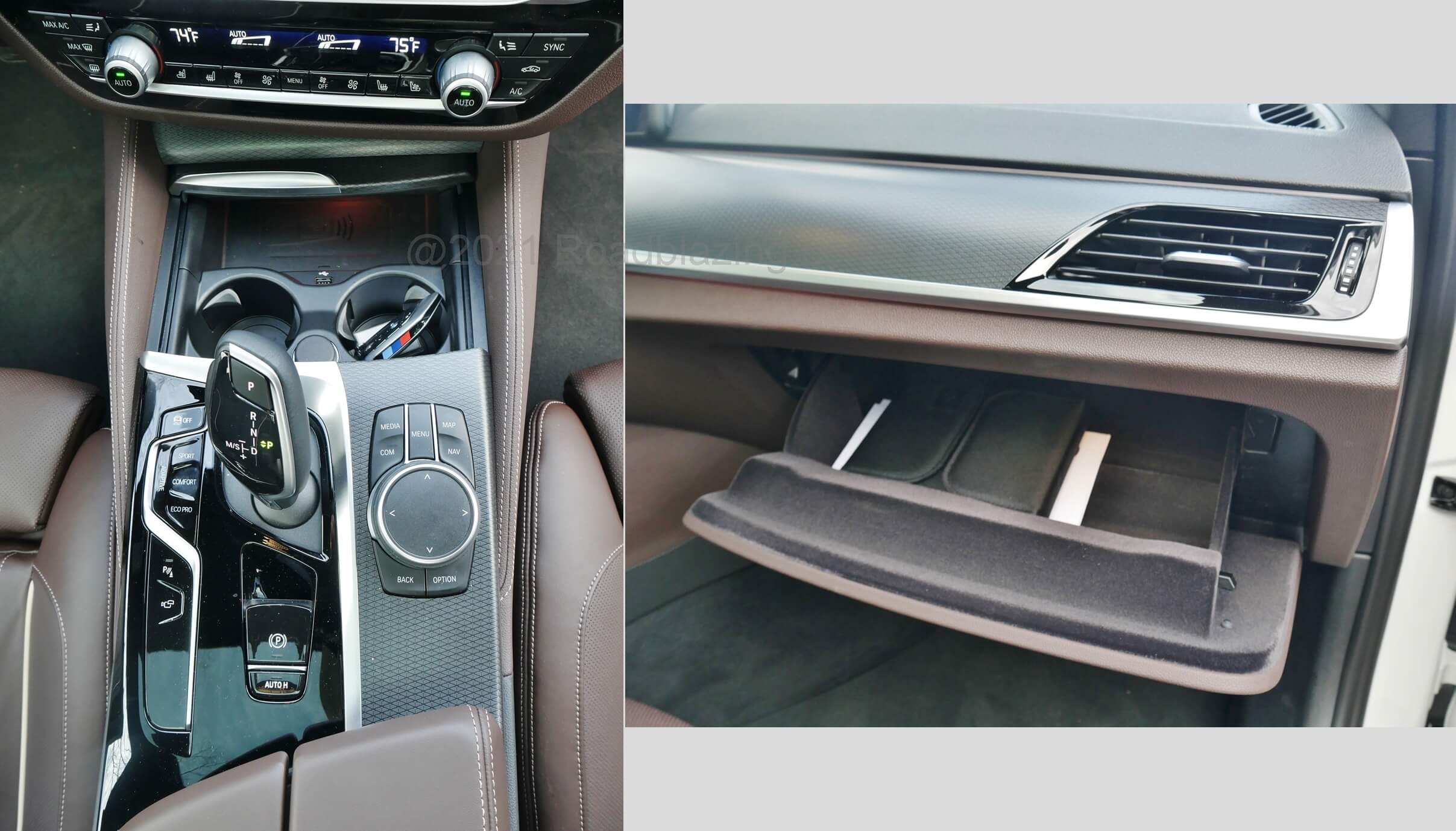 2021 BMW 540i xDrive: center console controls include by wire joystick shifter, Qi inductive wireless device charging; Felt lined glove box adds content management tray