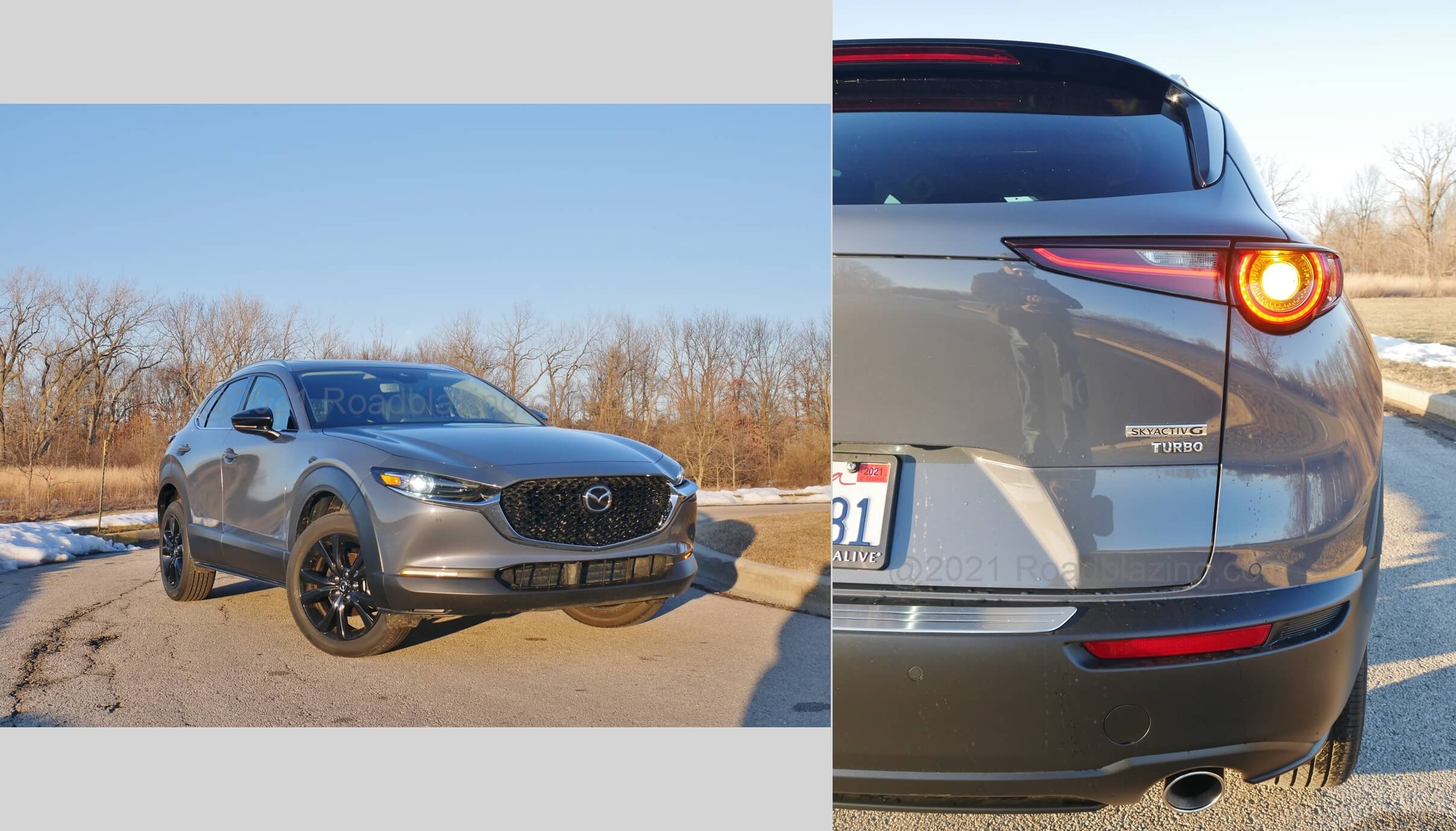2021 Mazda CX-30 2.5 Turbo AWD: assertively striking in Polymetal Grey Metallic, w/ prominent roof spoiler and liftgate Skyactiv G "TURBO" emblem