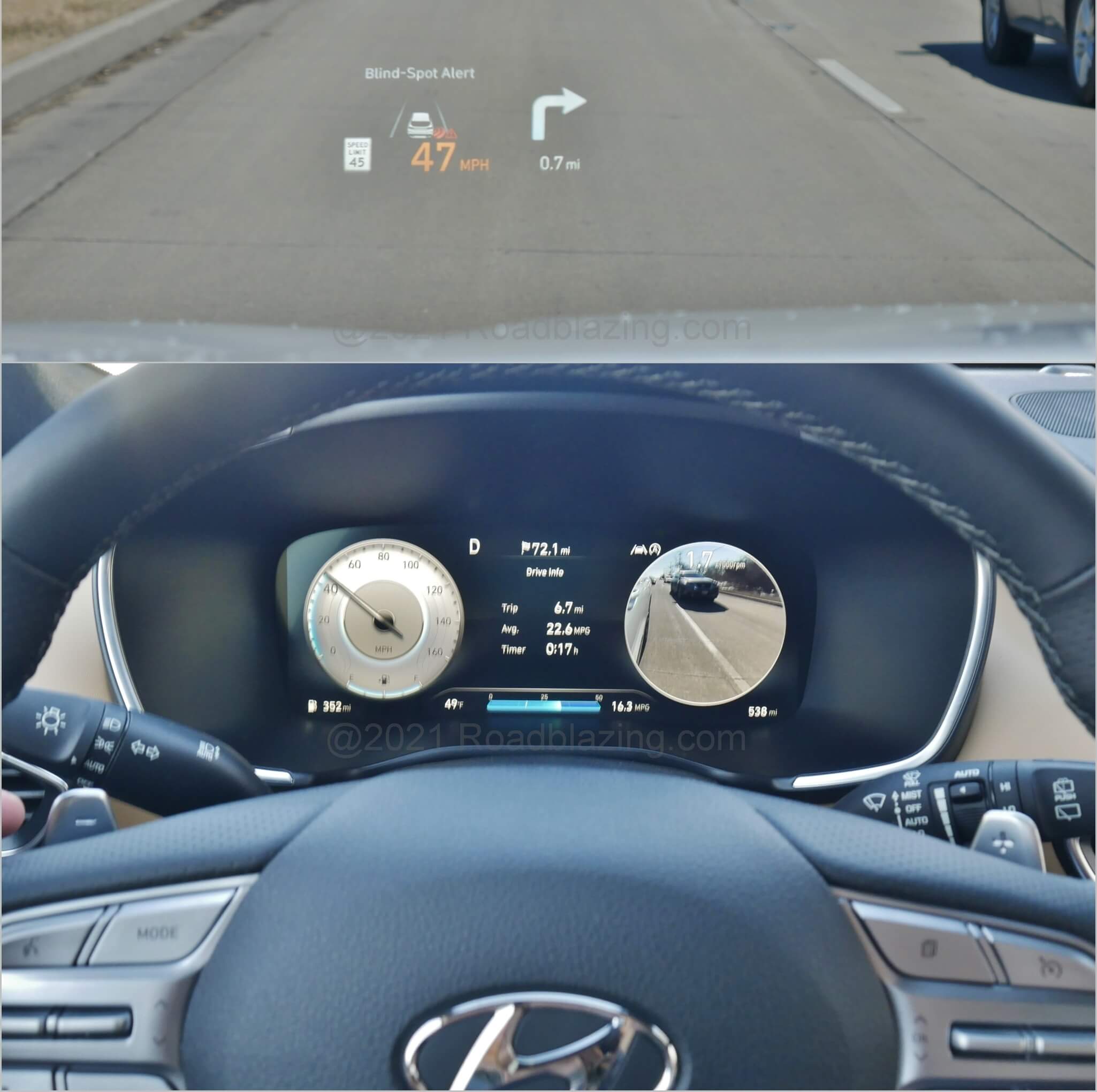 2021 Hyundai Santa Fe 2.5T Calligraphy AWD: dual gauges in TFT cluster can be switched to display adjacent lane cameras when signaled