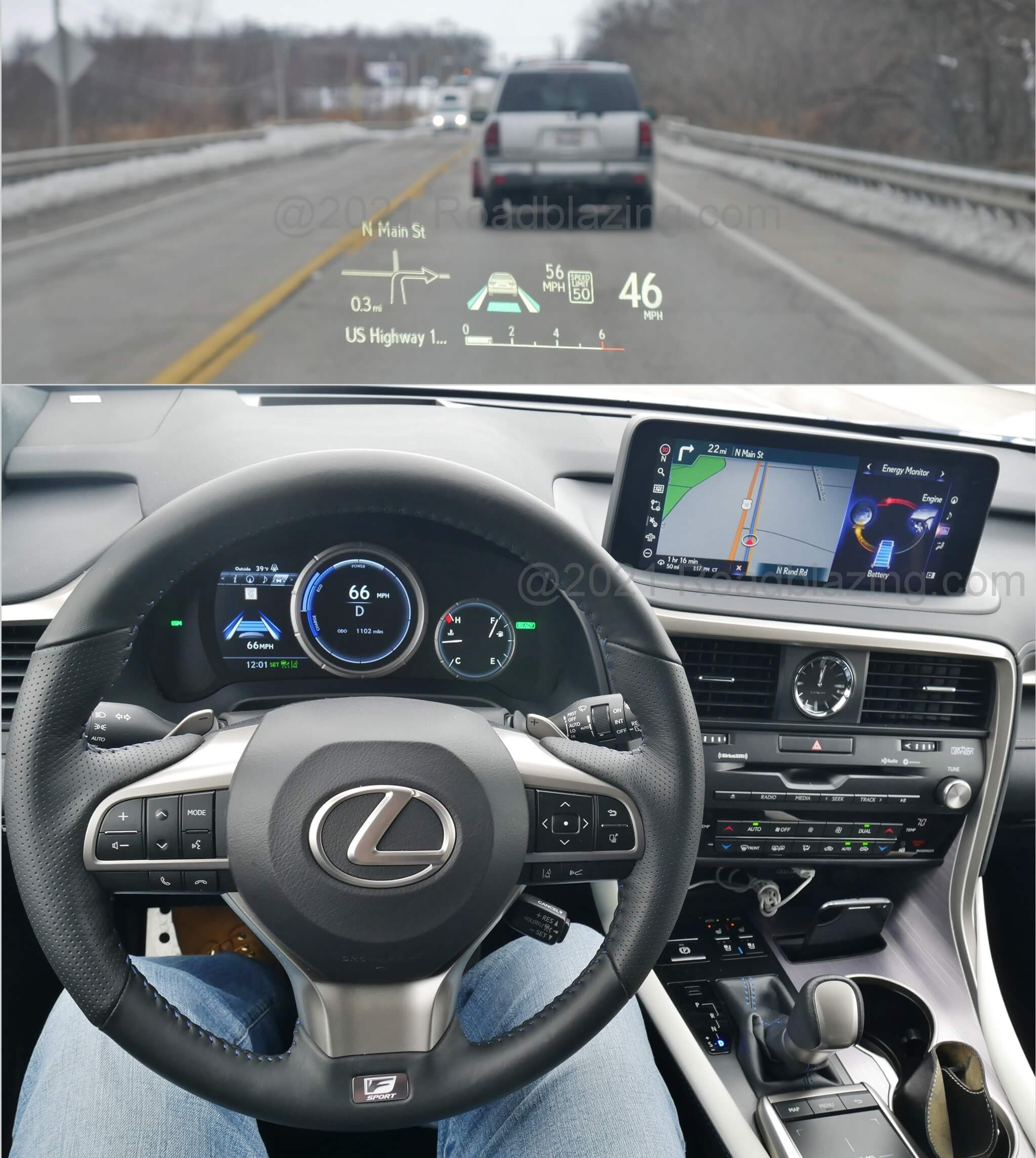2021 Lexus 450h Hybrid AWD F-Sport: available HUD displays adaptive cruise control, lane keep assist, and native cloud navigation