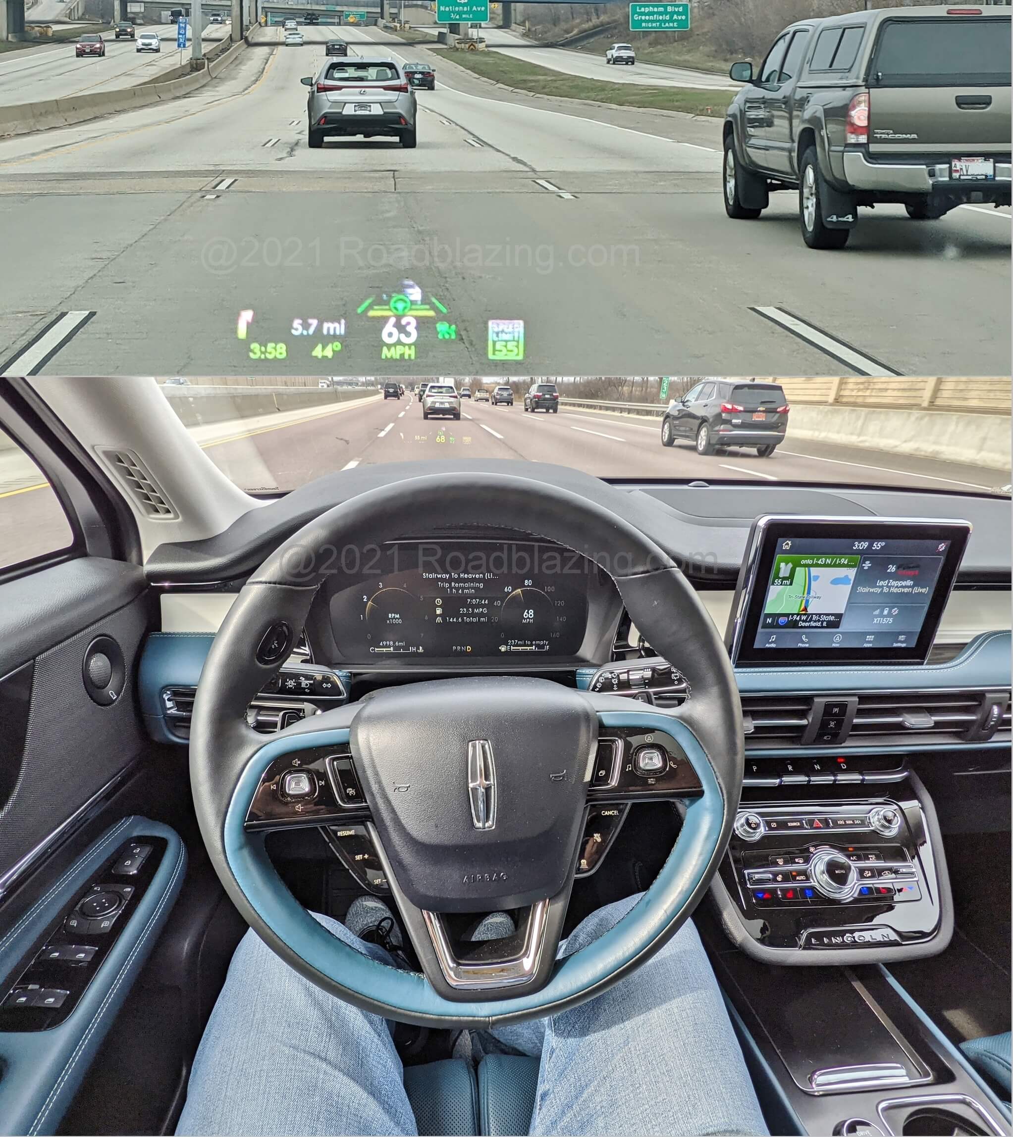 2021 Lincoln Corsair 2.3T AWD Reserve: native navigation displayed on dashtop tri-pane 8.0" touch LCD media screen w/ directions in the Heads Up Display