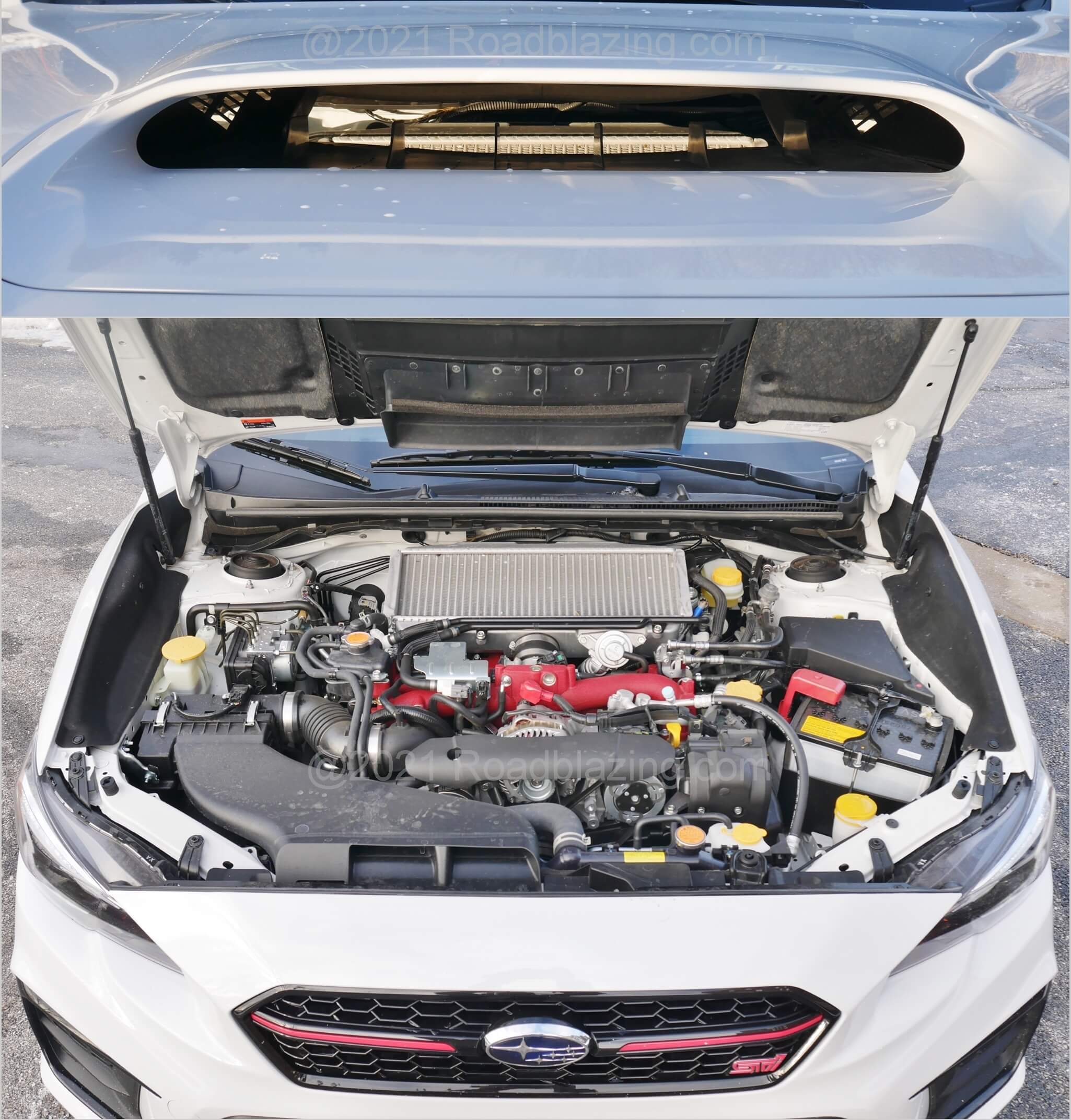 2020 Subaru WRX STI: large NACA hood duct jams cool air into huge air-to-air intercooler. IHI VF-48 twin scroll turbocharger makes 16.2 psi boost on 91 octane unleaded