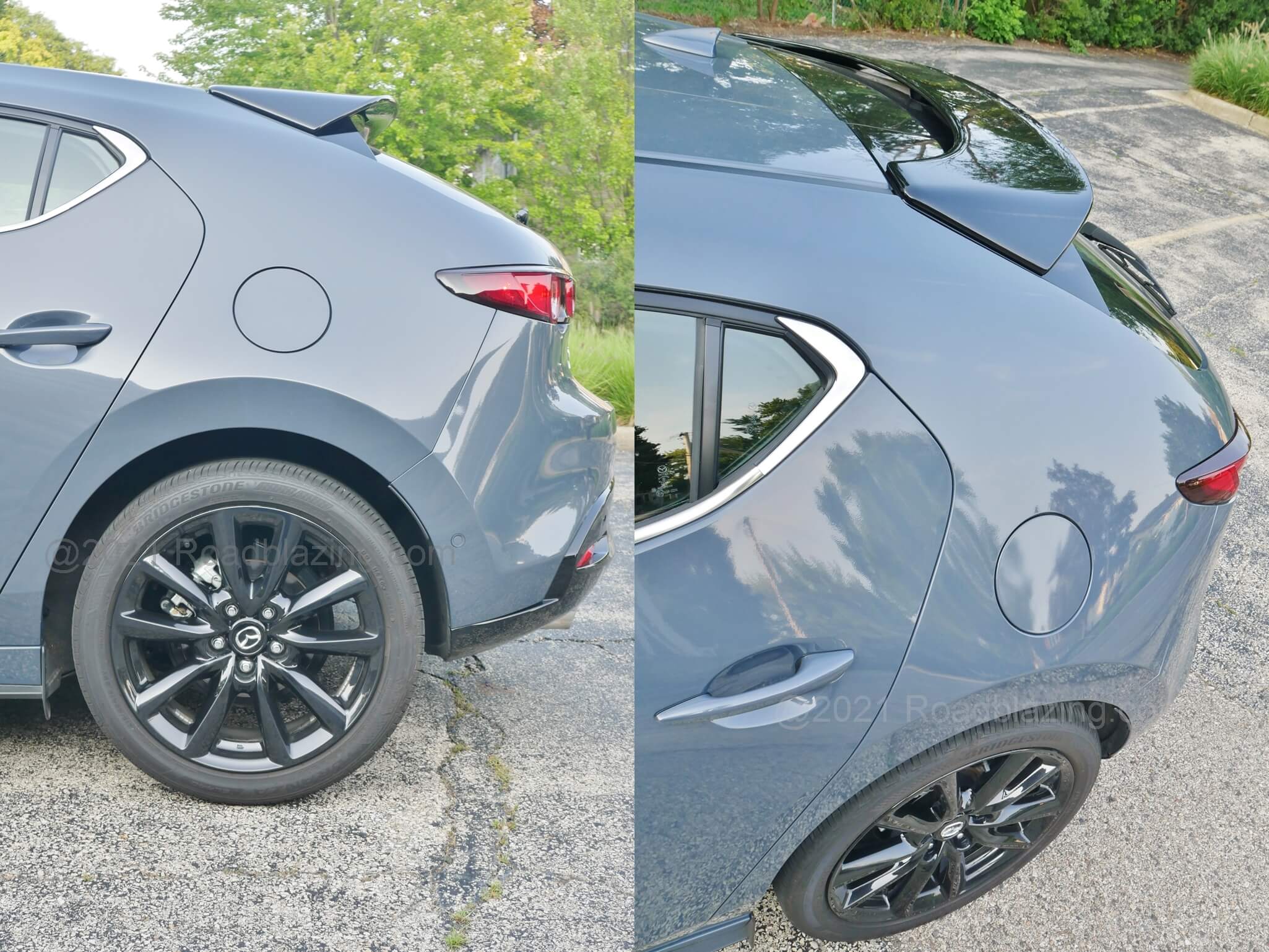 2021 Mazda 3 2.5 Turbo Hatchback: Switching to the torsion beam suspension provides cohesive rear wheel lateral control to reduce bump steer. While rear brake rotors lack venting, the binders respond firmly without judder. Piano black splitter roof spoiler is optional.