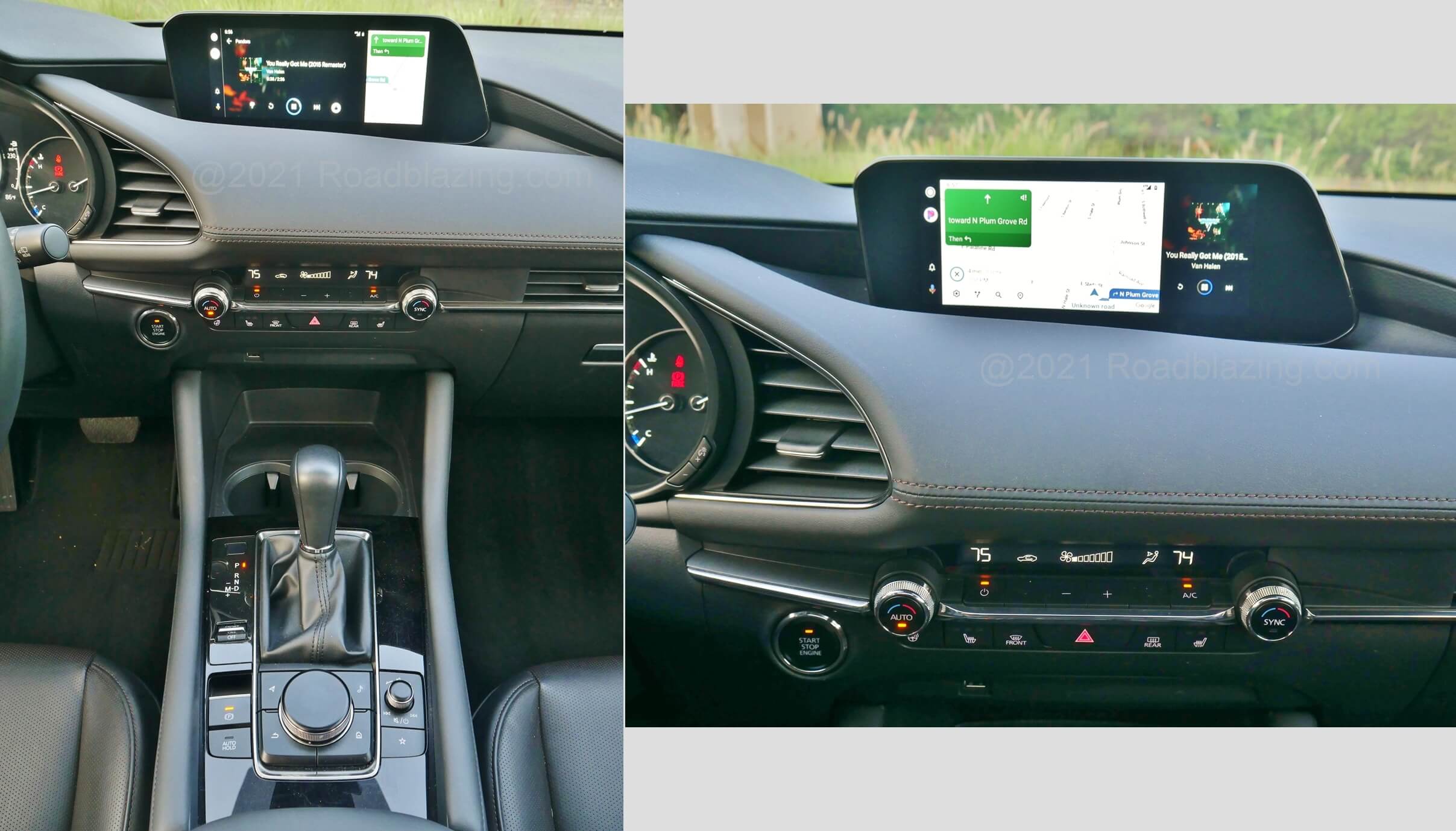 2021 Mazda 3 2.5 Turbo Hatchback: Split pane 8.8" remote commanded LCD media display uniquely splits Android Auto projection layouts as well.