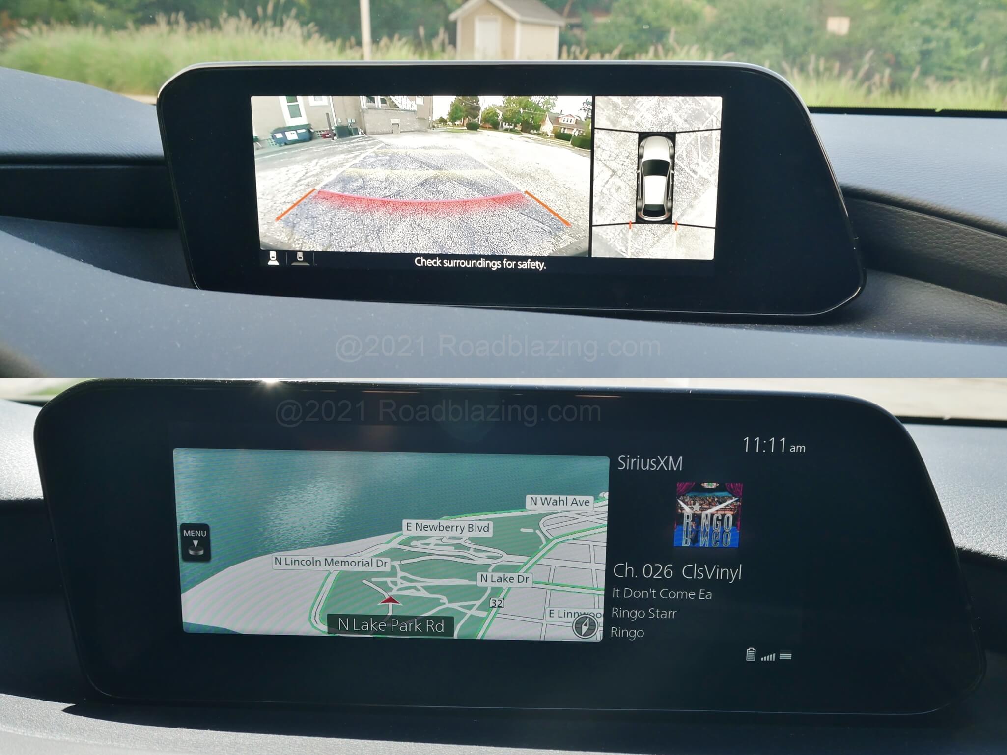 2021 Mazda 3 2.5 Turbo Hatchback: Premium Plus trims add surround cameras to the comprehensive ActiveSense i driver assist suite. Native navigation maps depict waves off Milwaukee's Lake Michigan shoreline.