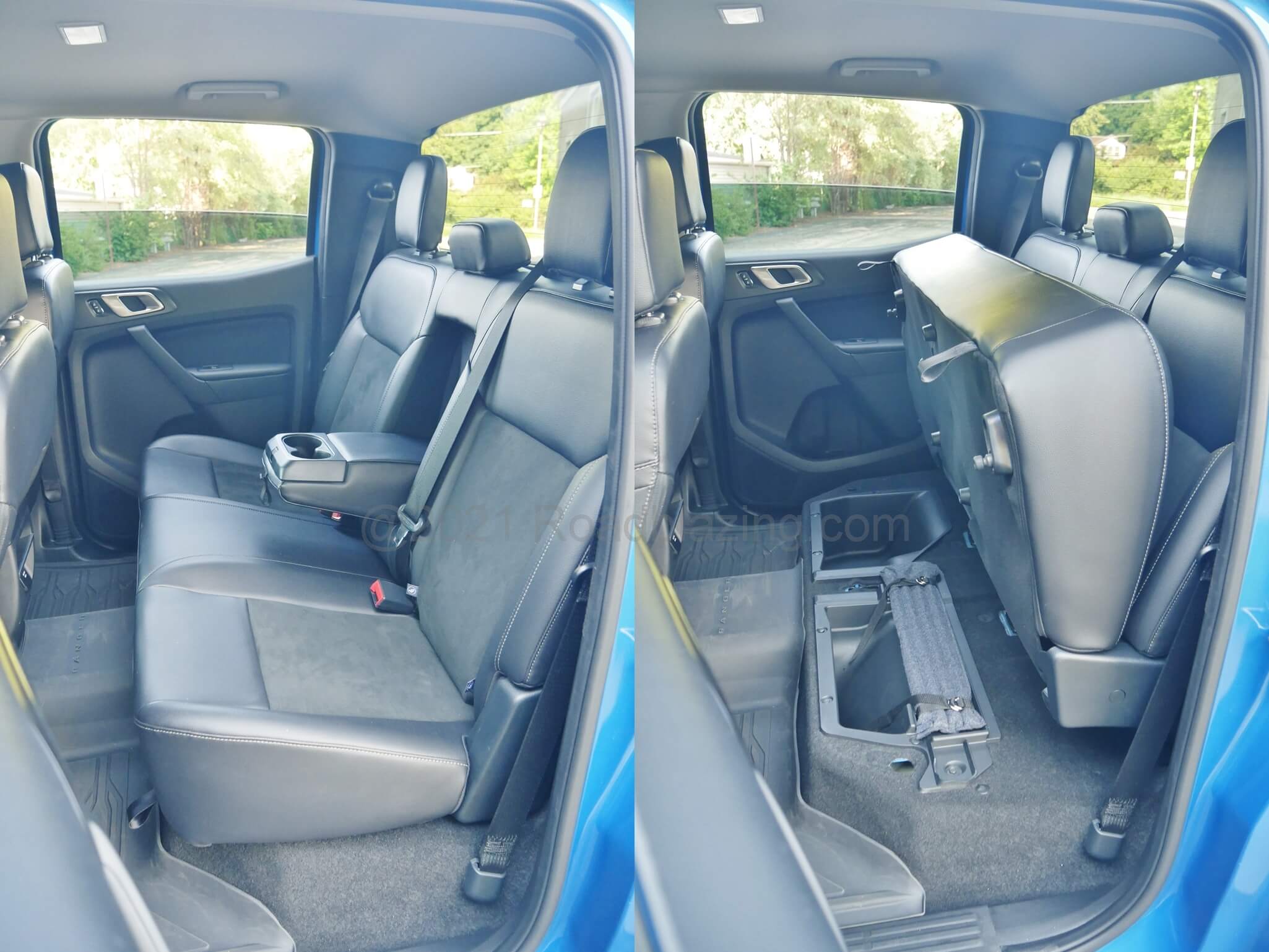2021 Ford Ranger SuperCrew XLT Tremor 4x4: 60/40% split Row 2 fold up bench cushion + two storage bins