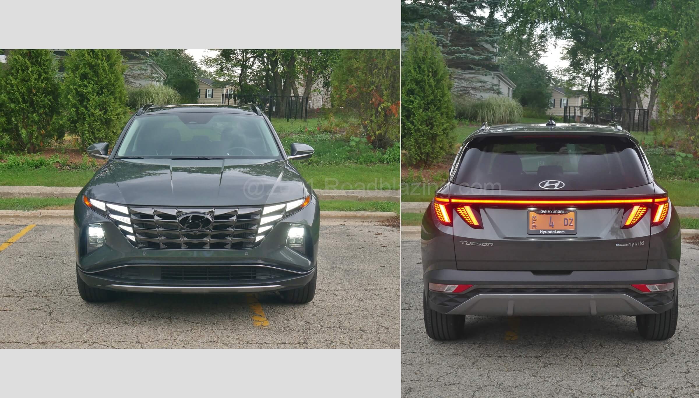 2022 Hyundai Tucson Limited Hybrid AWD: Parametric Jewel Hidden LED DRLs adorn front grille. Bridged LED dual outward arrow sequential rear directionals occupy the rear