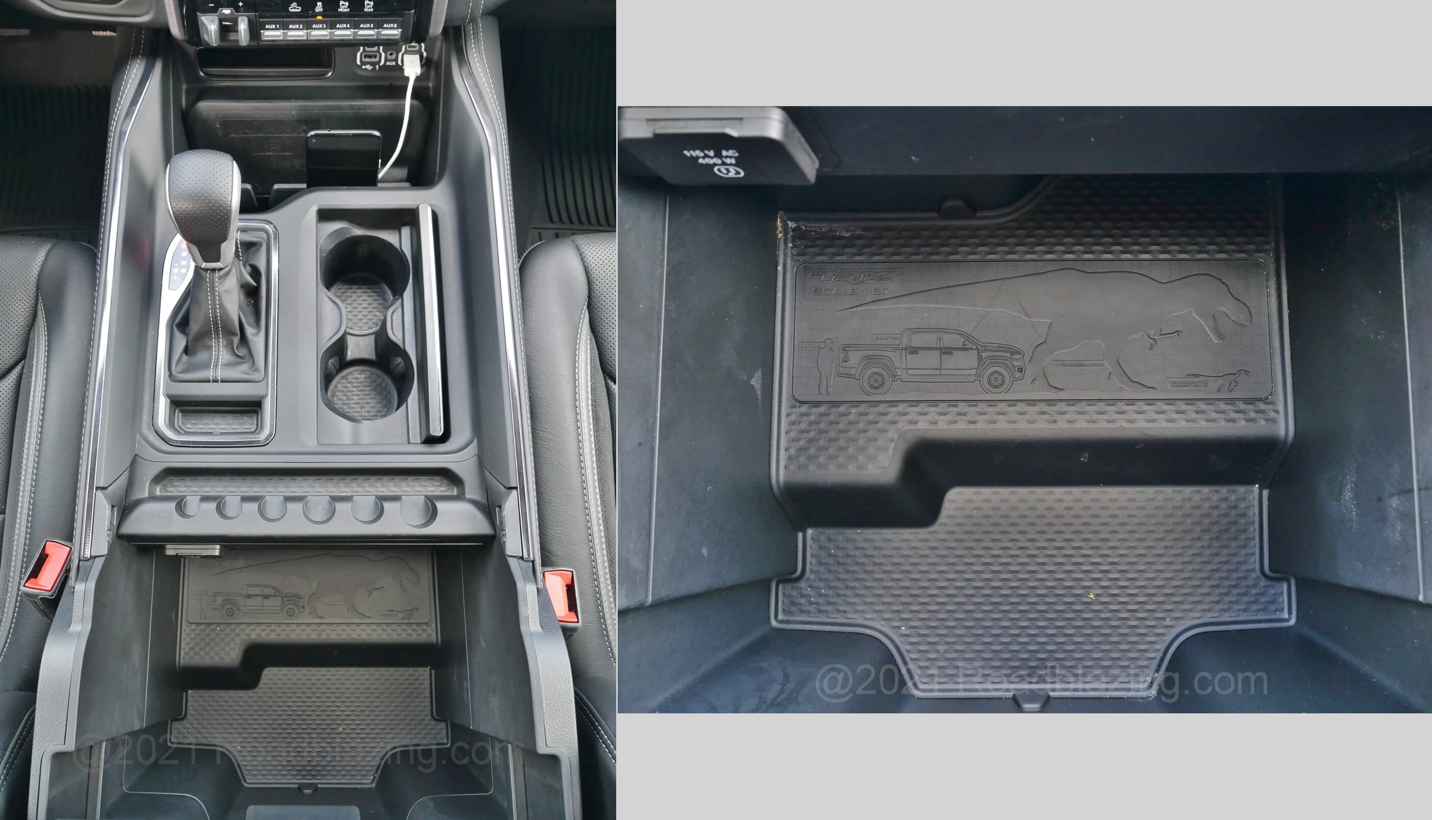 2021 RAM 1500 TRX Crew Cab 4x4: perspective of T-Rex hidden deep inside center console armrest storage bin