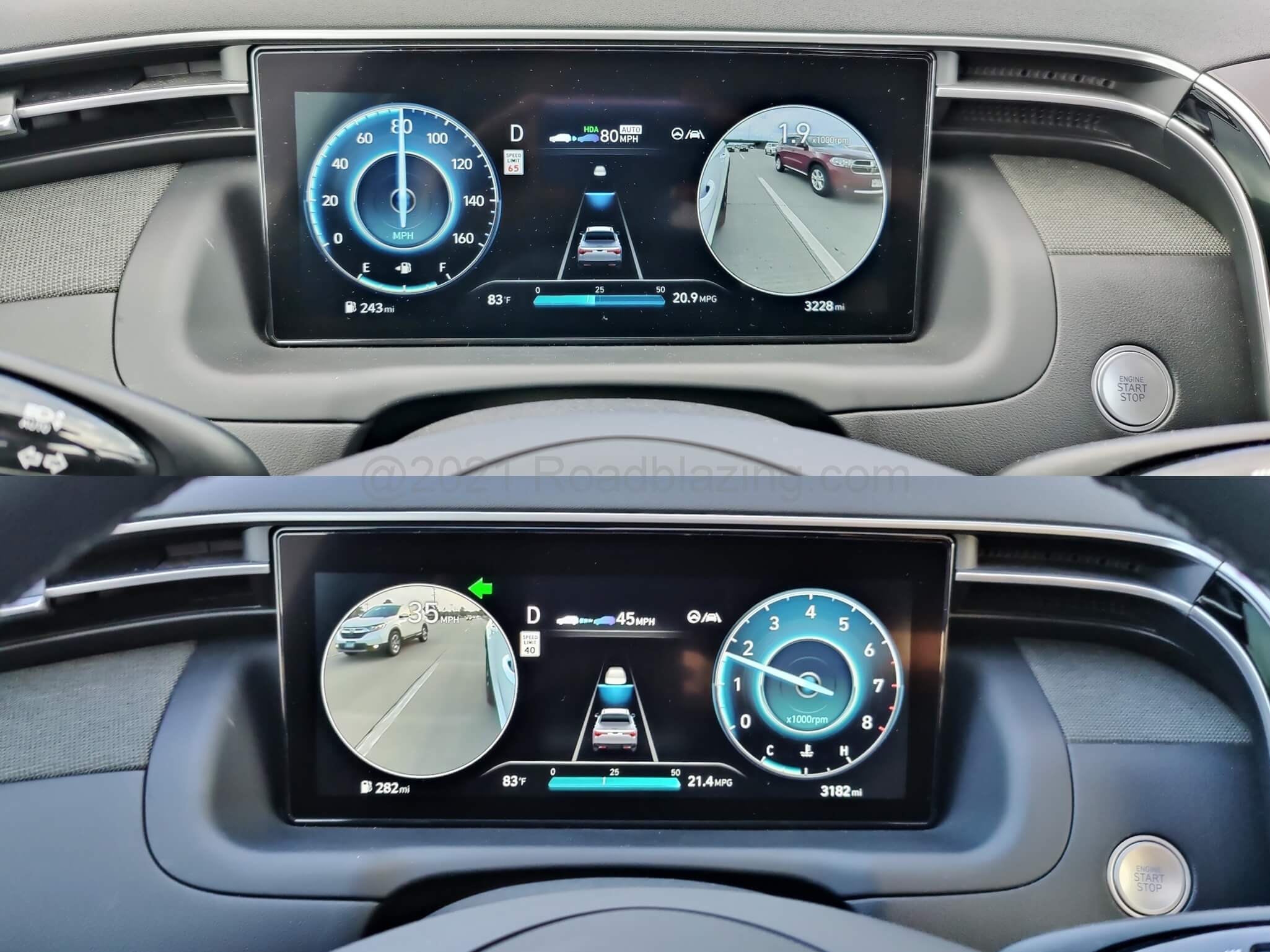2022 Hyundai Santa Cruz 2.5T Limited AWD: Blind Spot View in the TFT gauge cluster dials.