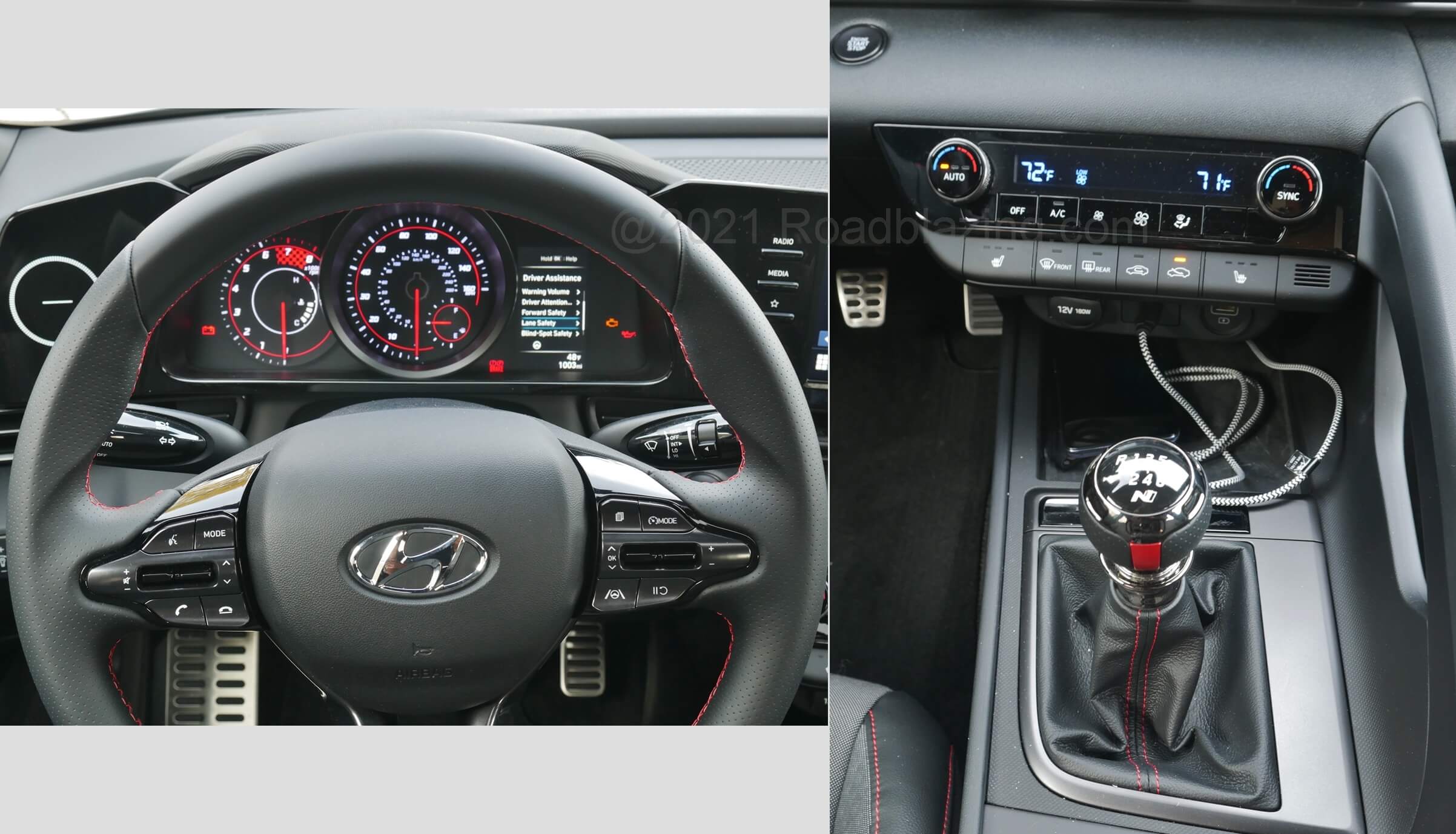 2021 Hyundai Elantra N-Line 1.6T: red on white gauge dial markings supplement red piping and contrast stitching