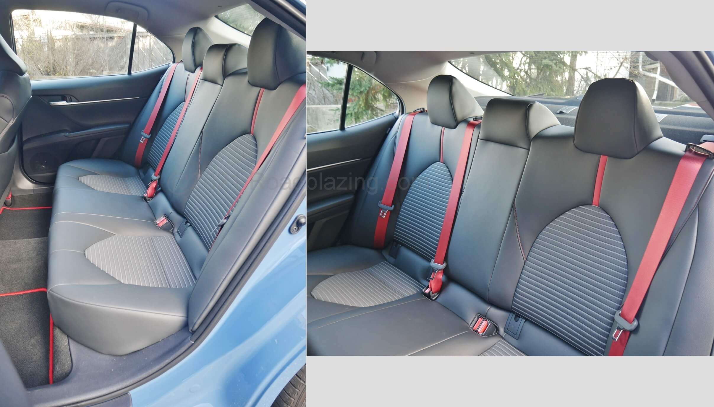 2022 Toyota Camry TRD: red seat belts persist in Row 2, while center armrest and pass through are missing