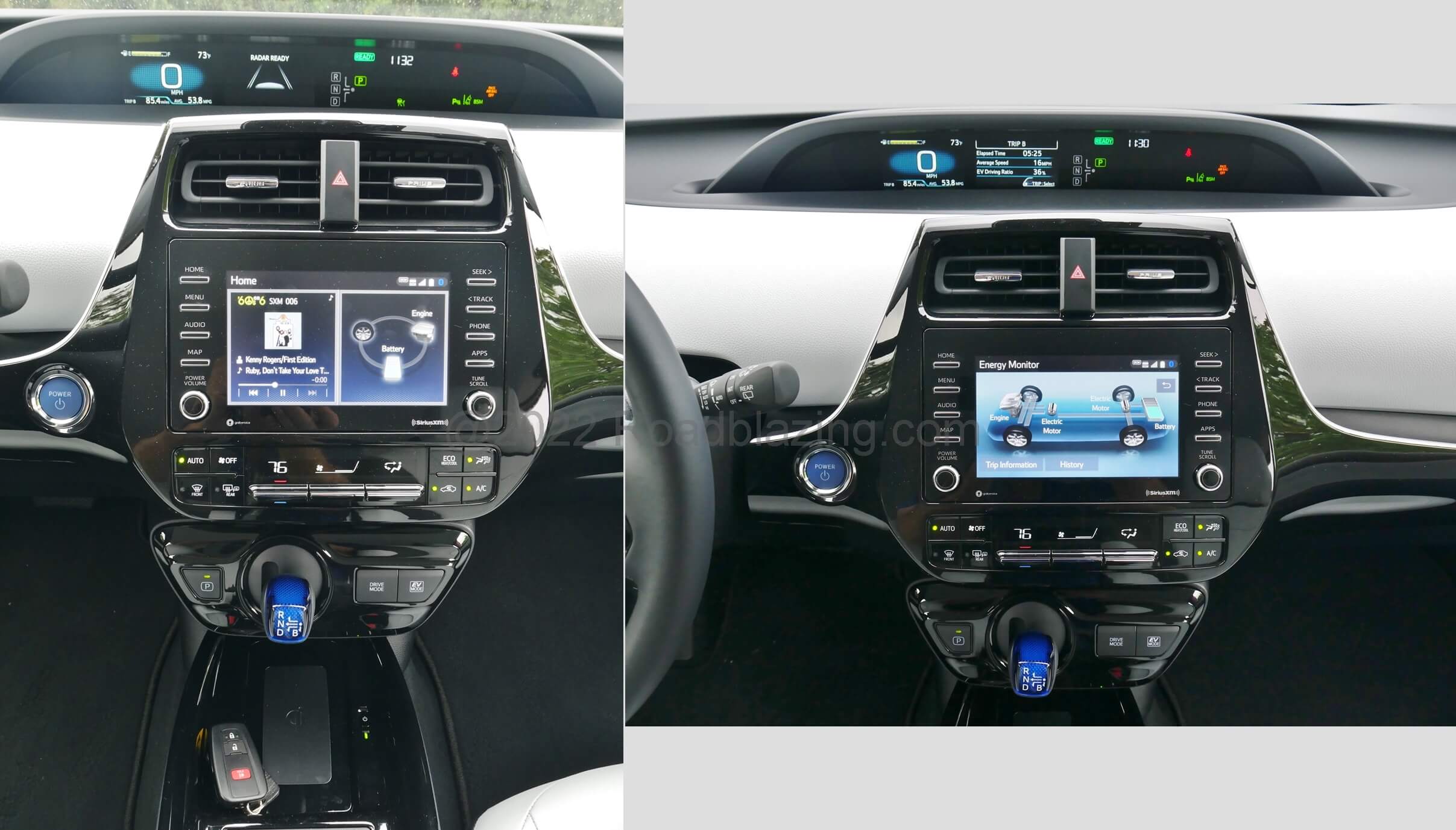 2022 Toyota Prius XLE AWD-e: center dash upper 7.0" digital instrumentation followed by mid 7.0" touch split pane LCD infotainment screen, featuring power flow displays