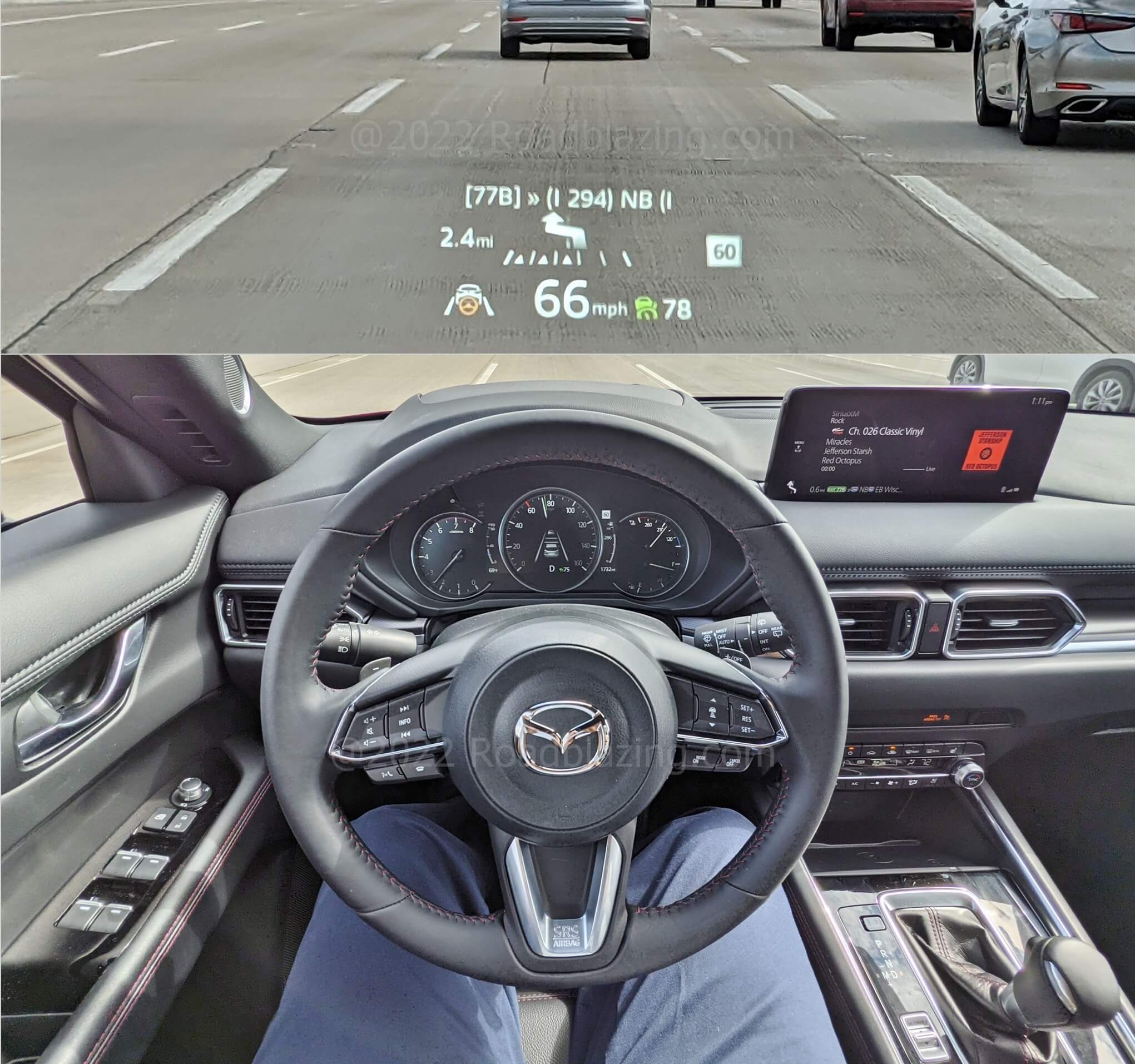 2022 Mazda CX-5 2.5T Turbo AWD: HUD, gauges and media screen display full adaptive cruise control, lane keep assist and navigation cues