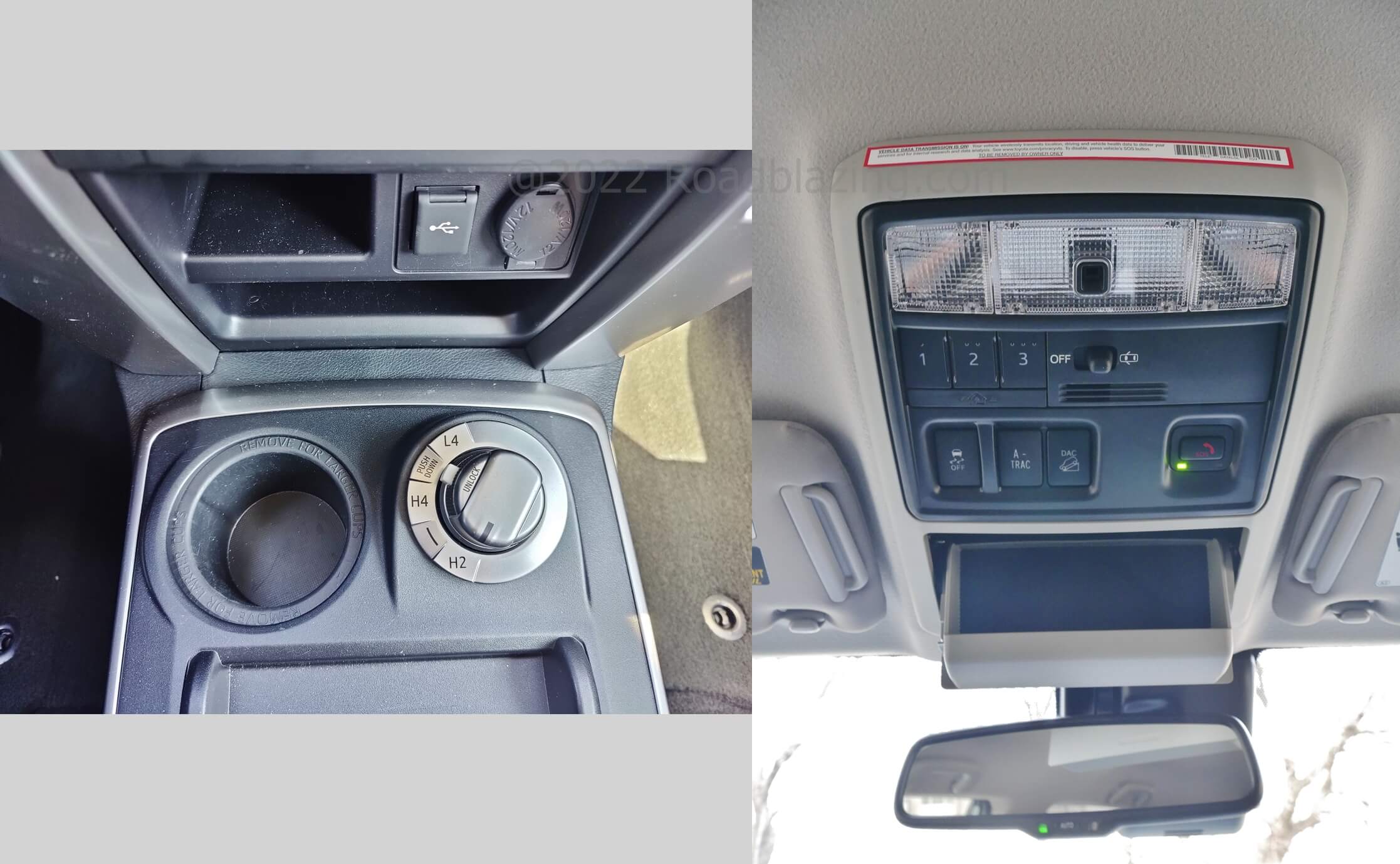 2022 Toyota 4Runner TRD Sport 4x4: center console rotary 4WD selector, overhead A-TRAC switches