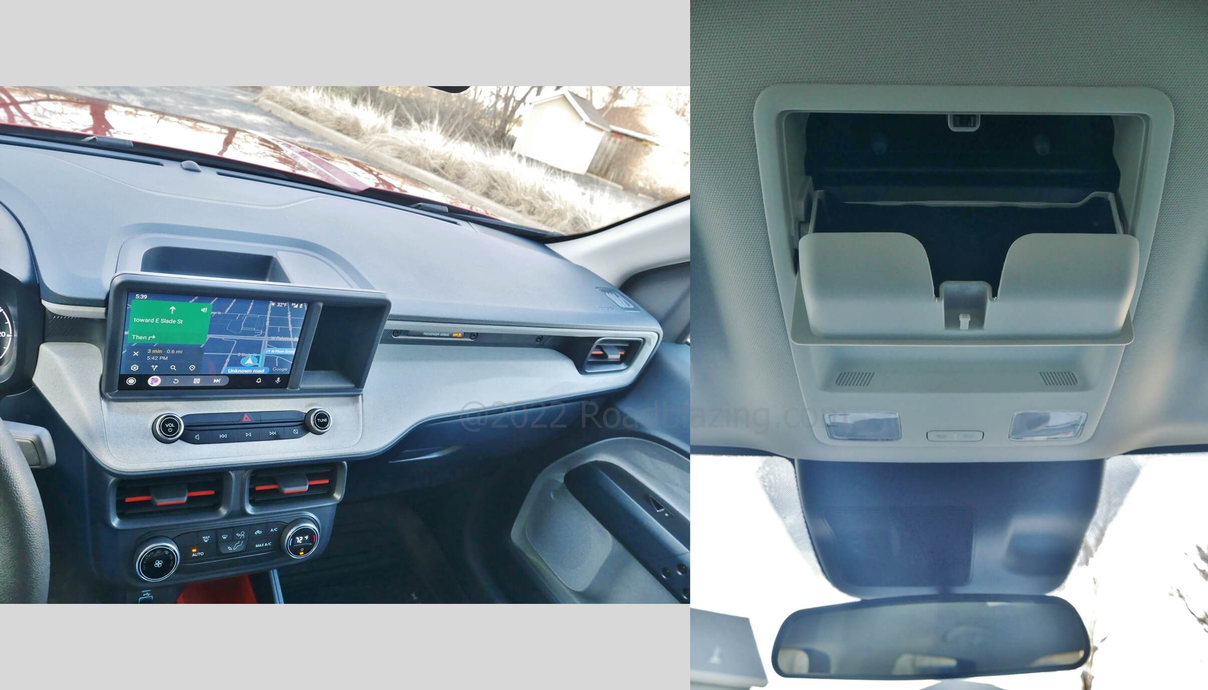 2022 Ford Maverick XLT 2.5L Hybrid: matte finish contrast light speckled panels; overhead console sunglasses bin