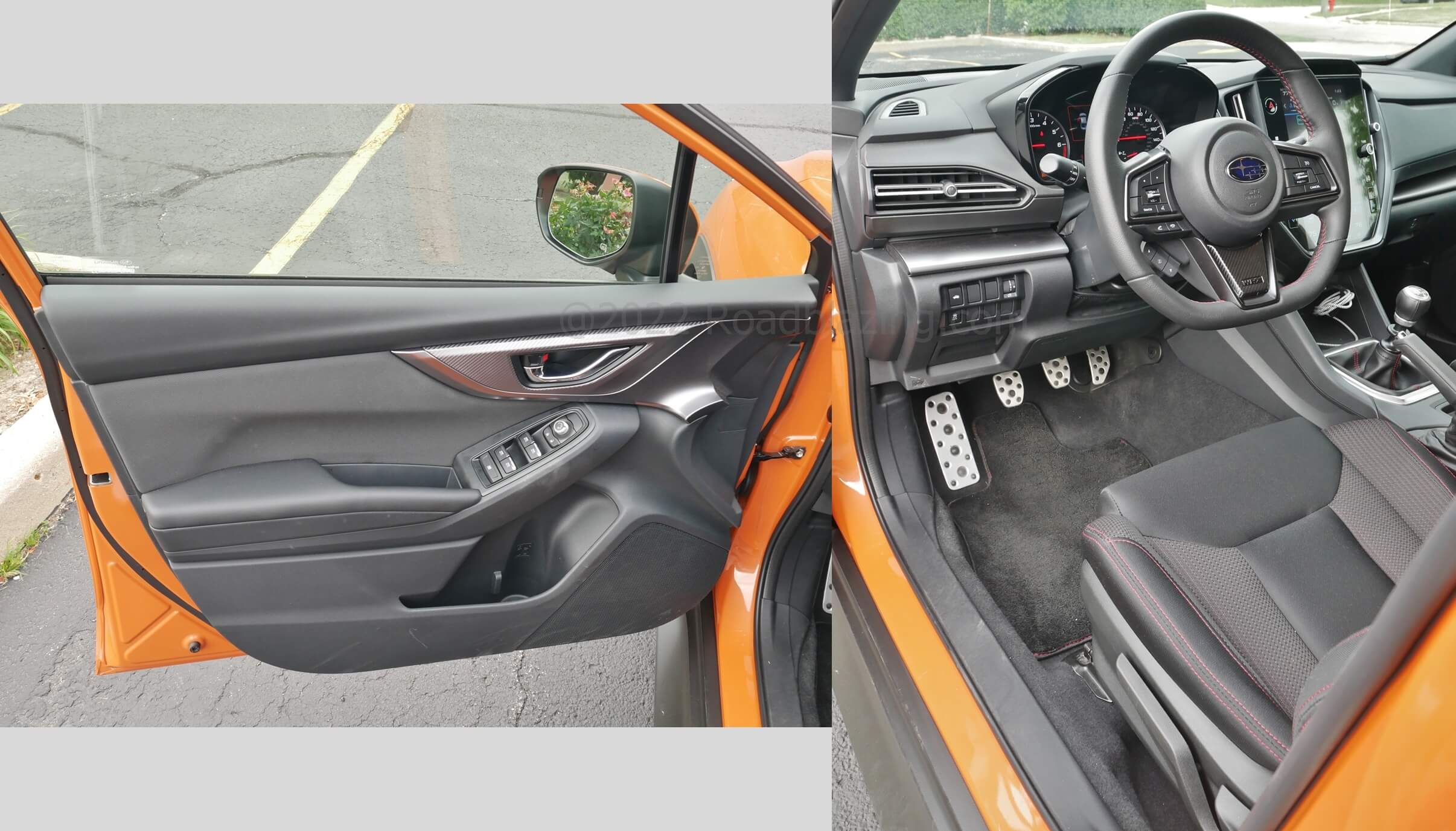 2022 Subaru WRX Premium: driver entry with plusher panels, aluminum pedal covers